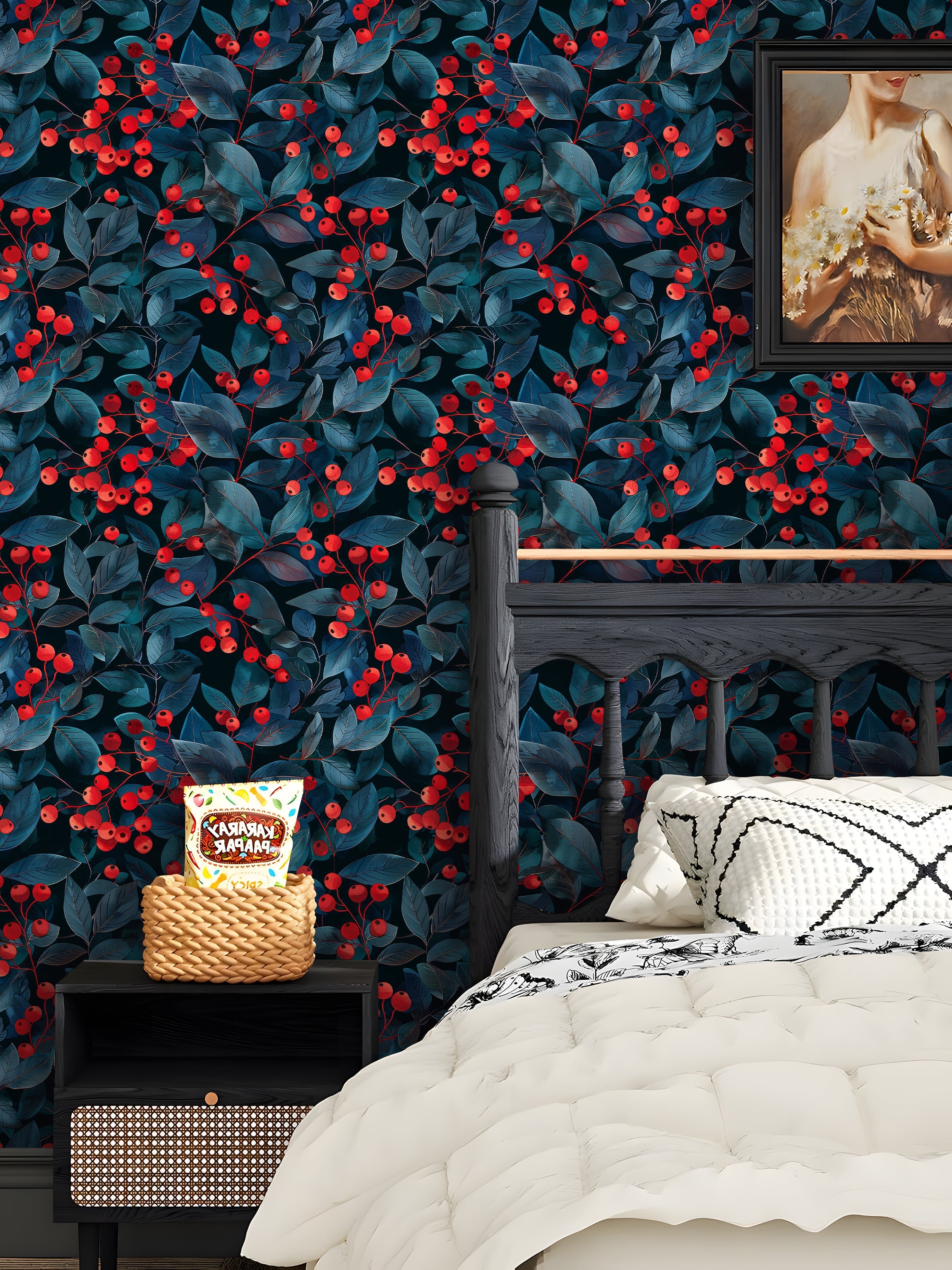 Floralplus Wallpaper Peel and Stick Dark Blue Berry Botanical Navy Red Leaves Removable Self Adhesive Wall Mural Kitchen Bedroom Bathroom Accent Wall Decor