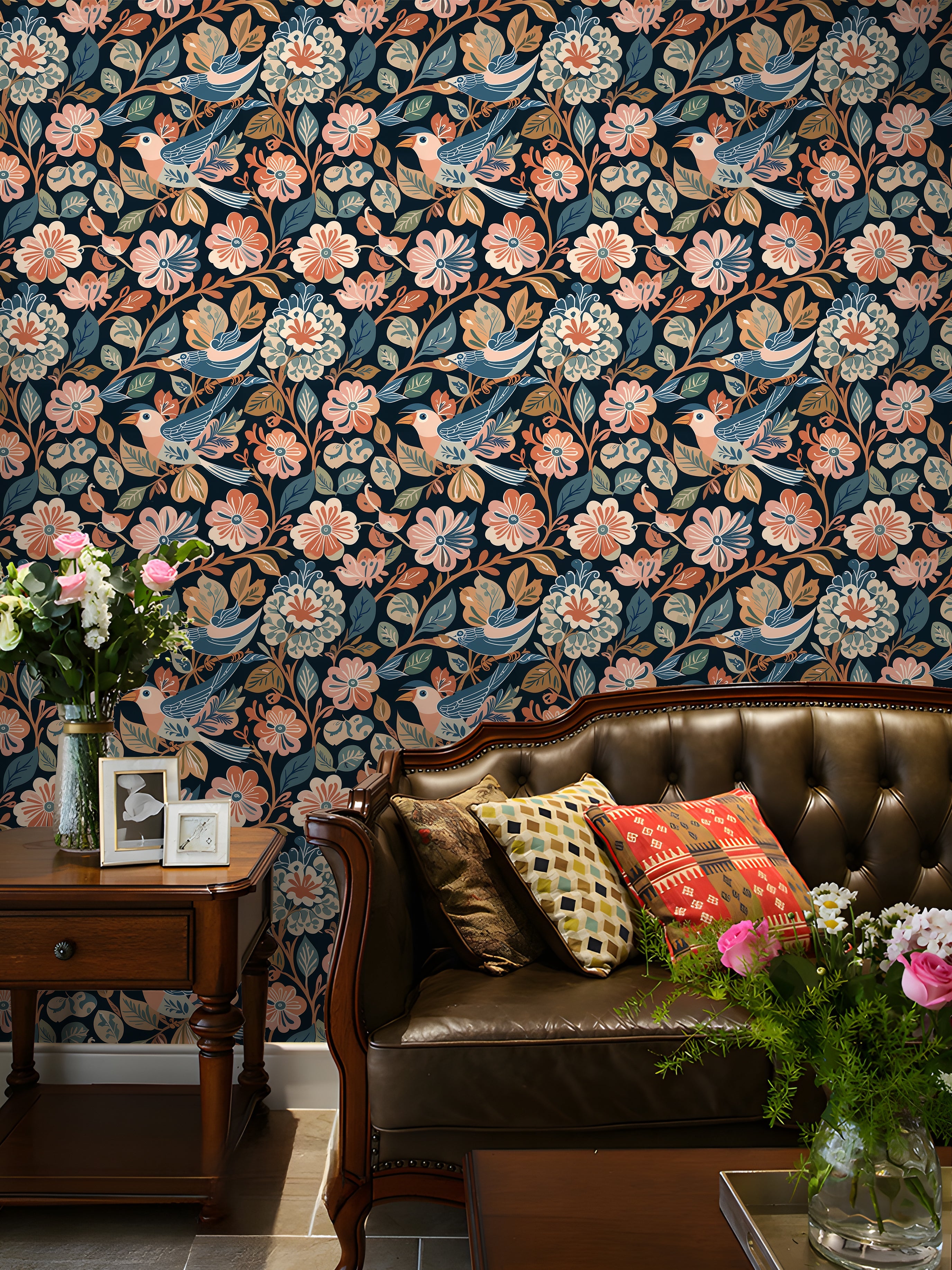 Floralplus Wallpaper Peel and Stick Dark Blue Bird Floral Boho Vintage Wall Decor Nursery Kids Room Bathroom Removable Mural