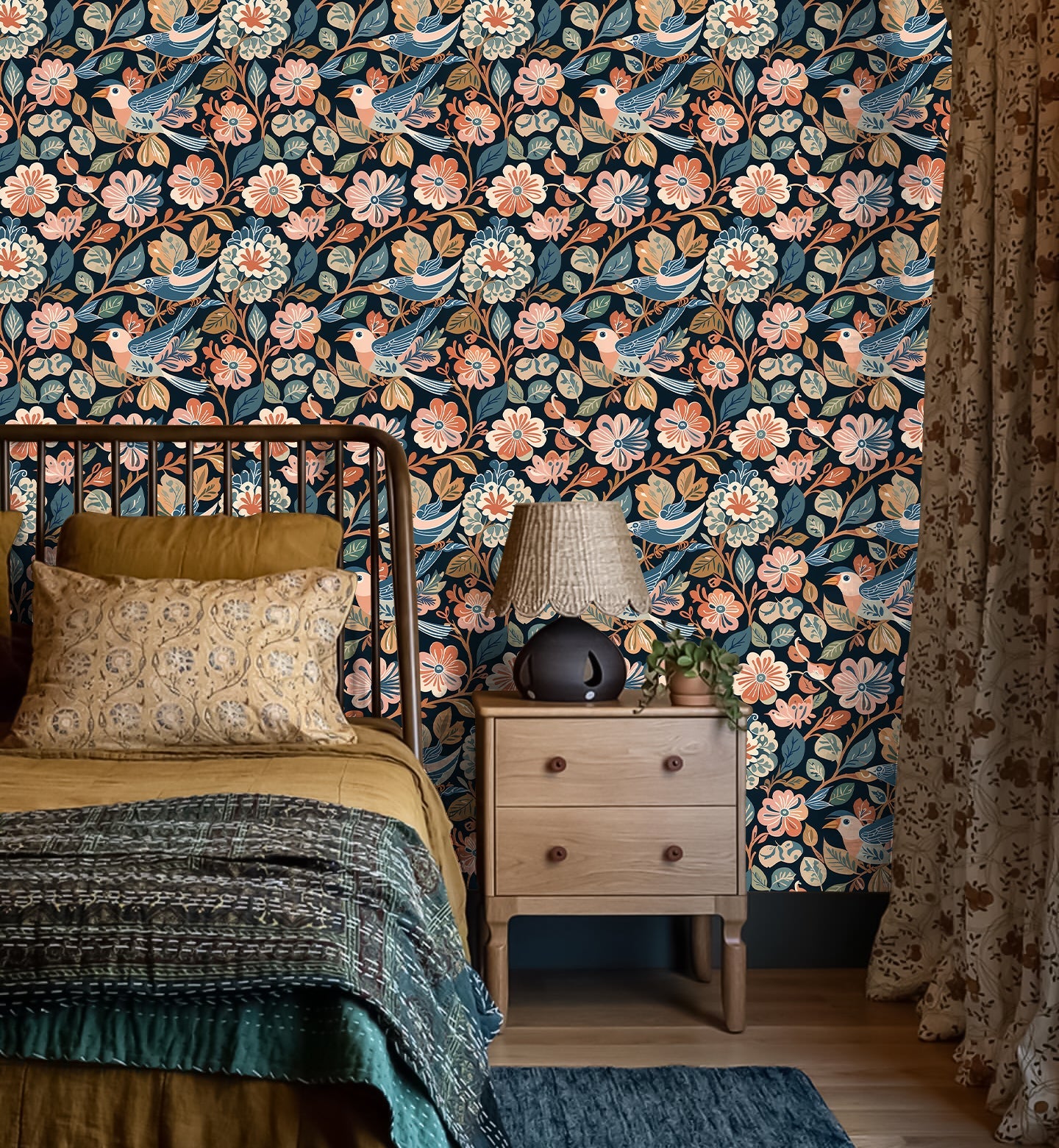 Floralplus Wallpaper Peel and Stick Dark Blue Bird Floral Boho Vintage Wall Decor Nursery Kids Room Bathroom Removable Mural