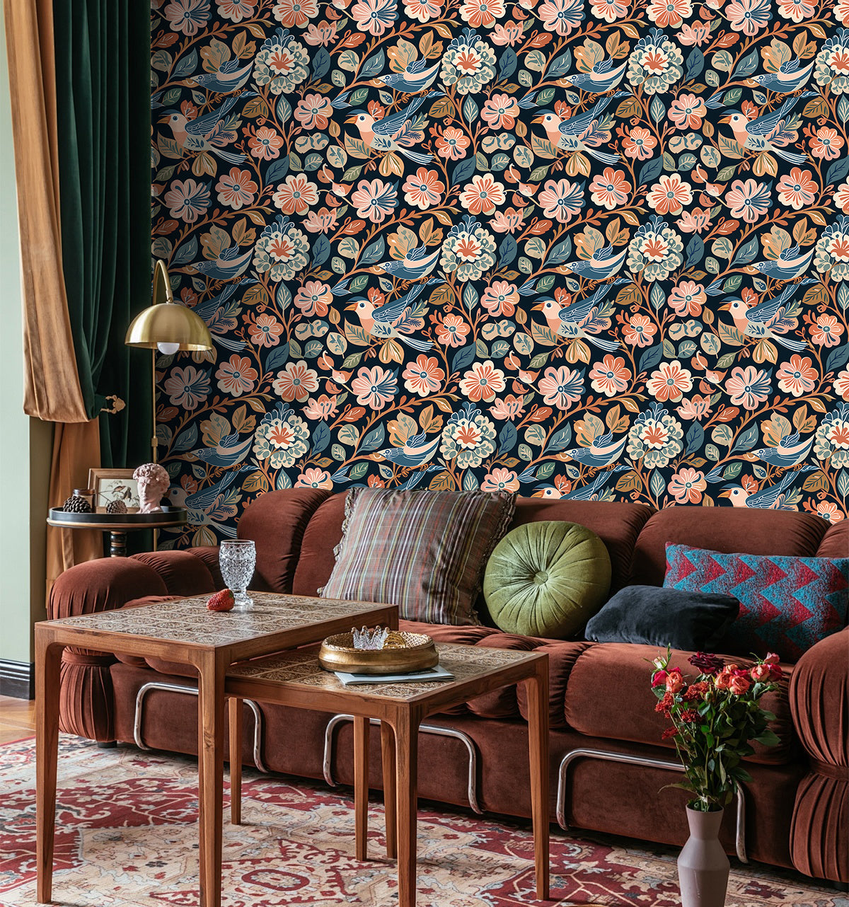 Floralplus Wallpaper Peel and Stick Dark Blue Bird Floral Boho Vintage Wall Decor Nursery Kids Room Bathroom Removable Mural