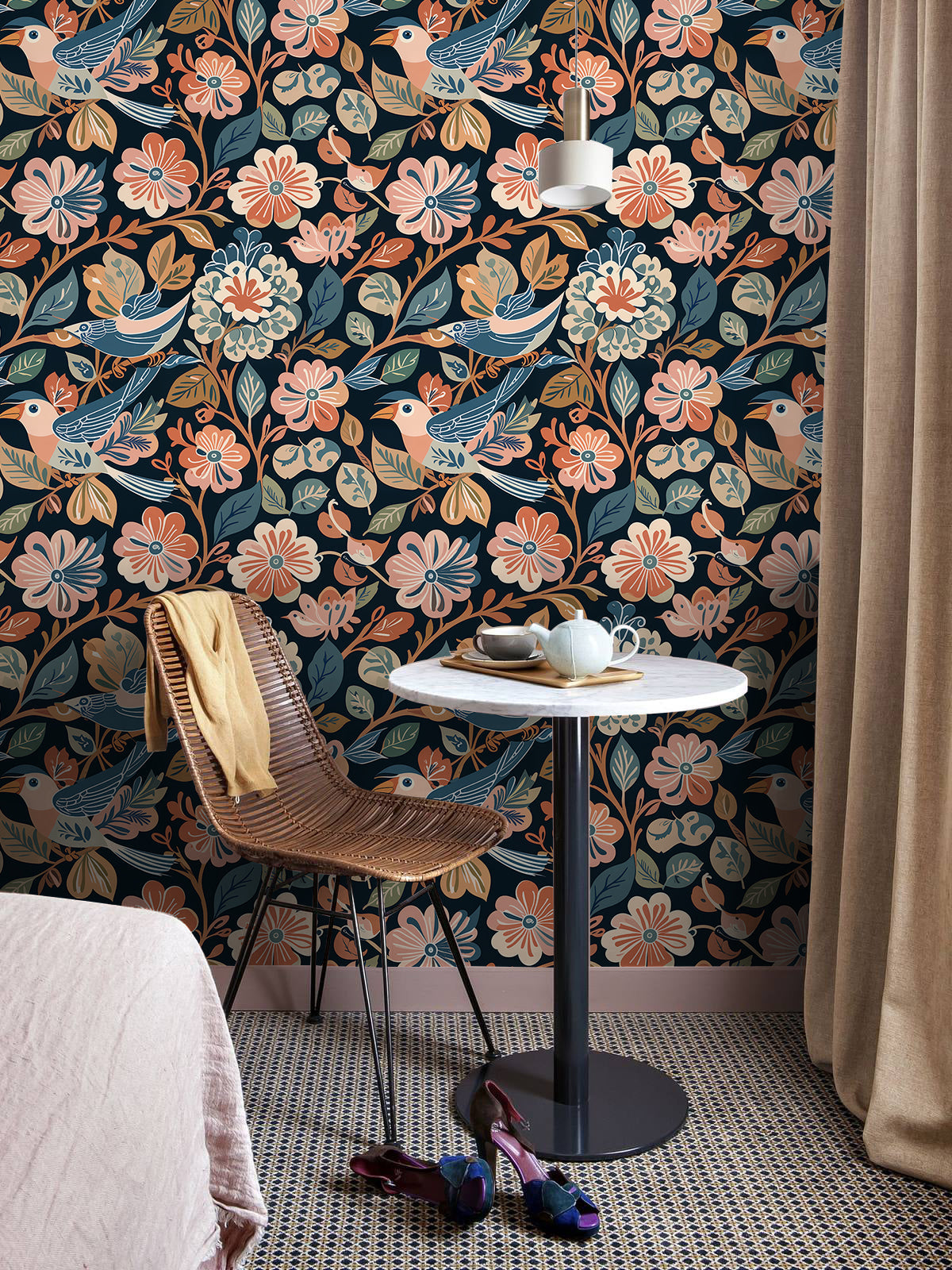 Floralplus Wallpaper Peel and Stick Dark Blue Bird Floral Boho Vintage Wall Decor Nursery Kids Room Bathroom Removable Mural