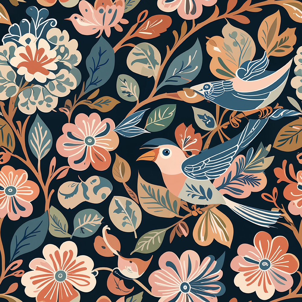 Floralplus Wallpaper Peel and Stick Dark Blue Bird Floral Boho Vintage Wall Decor Nursery Kids Room Bathroom Removable Mural