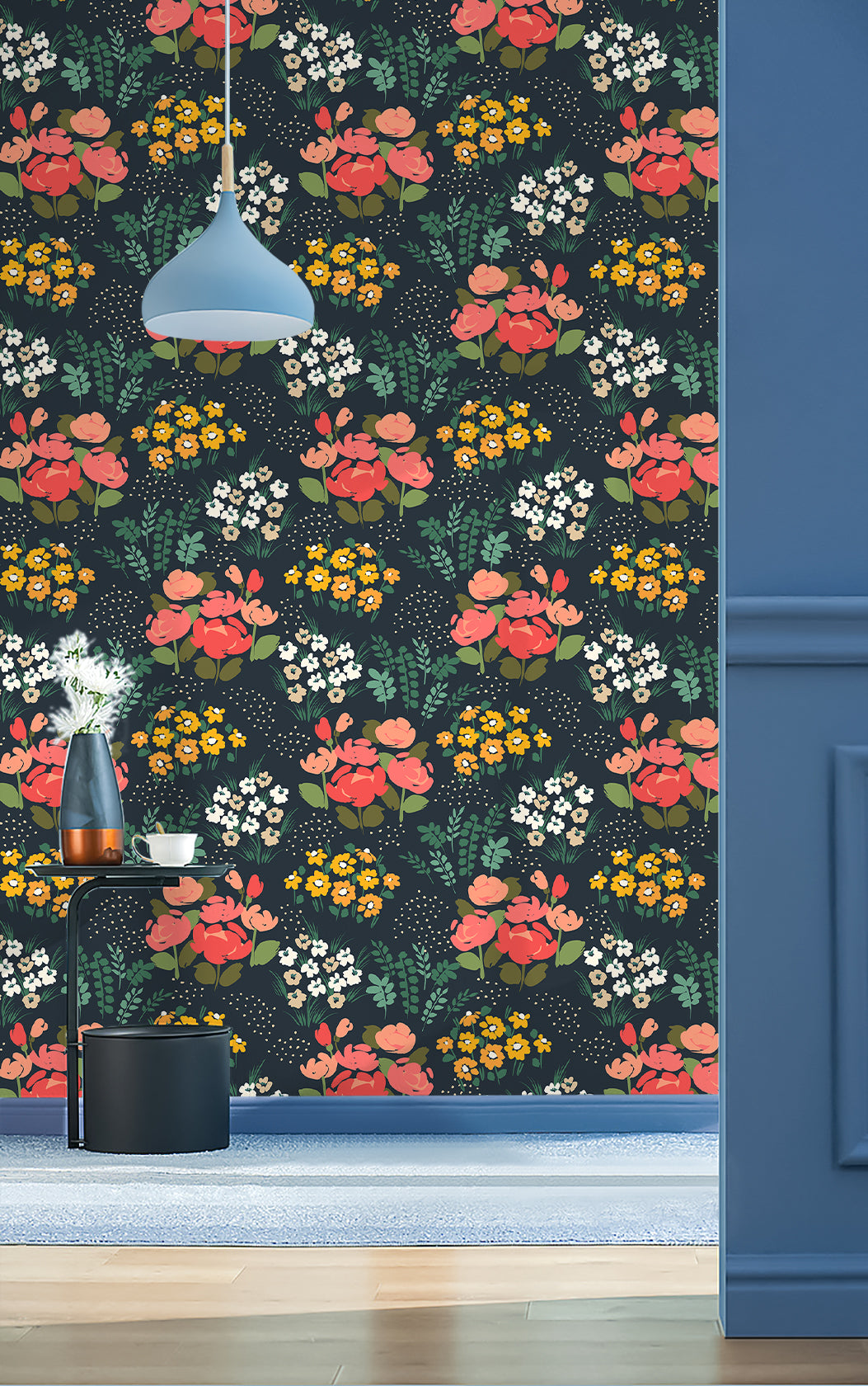Floralplus Wallpaper Peel and Stick Dark Blue Floral Cottage Garden Vintage Wall Decor Bathroom Bedroom Removable Mural