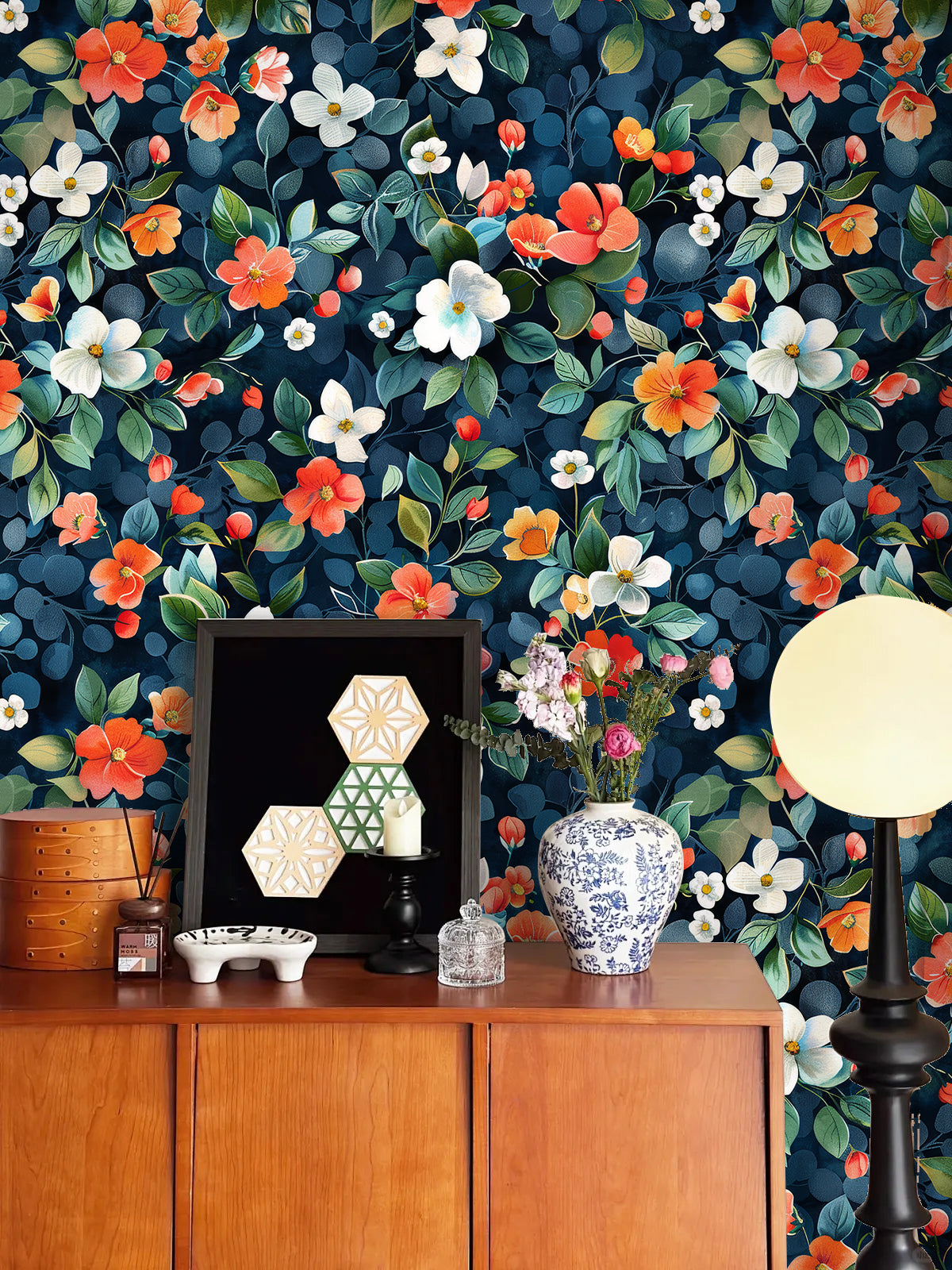 Floralplus Wallpaper Peel and Stick Dark Blue Floral Garden Vintage Wall Mural Removable Bathroom Bedroom Living Room Accent Decor