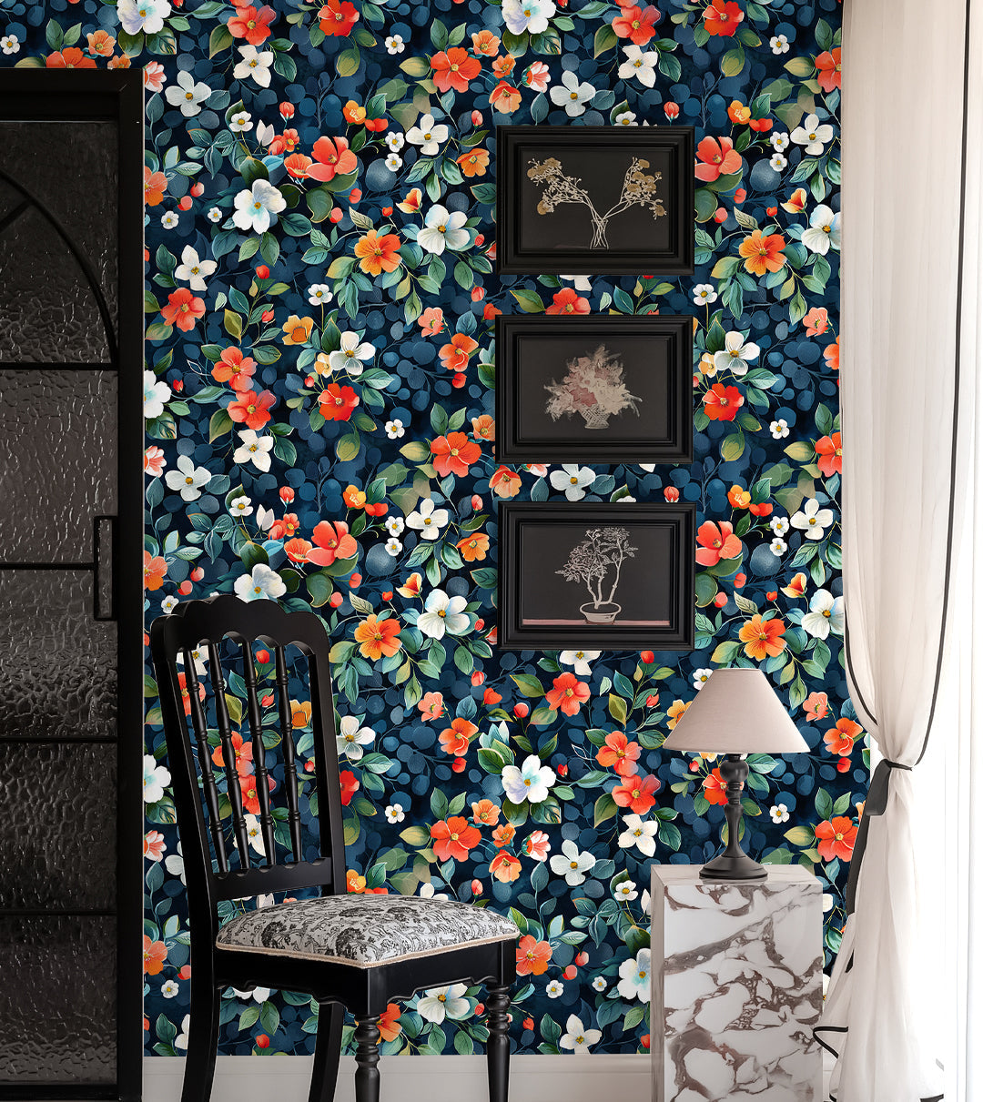 Floralplus Wallpaper Peel and Stick Dark Blue Floral Garden Vintage Wall Mural Removable Bathroom Bedroom Living Room Accent Decor