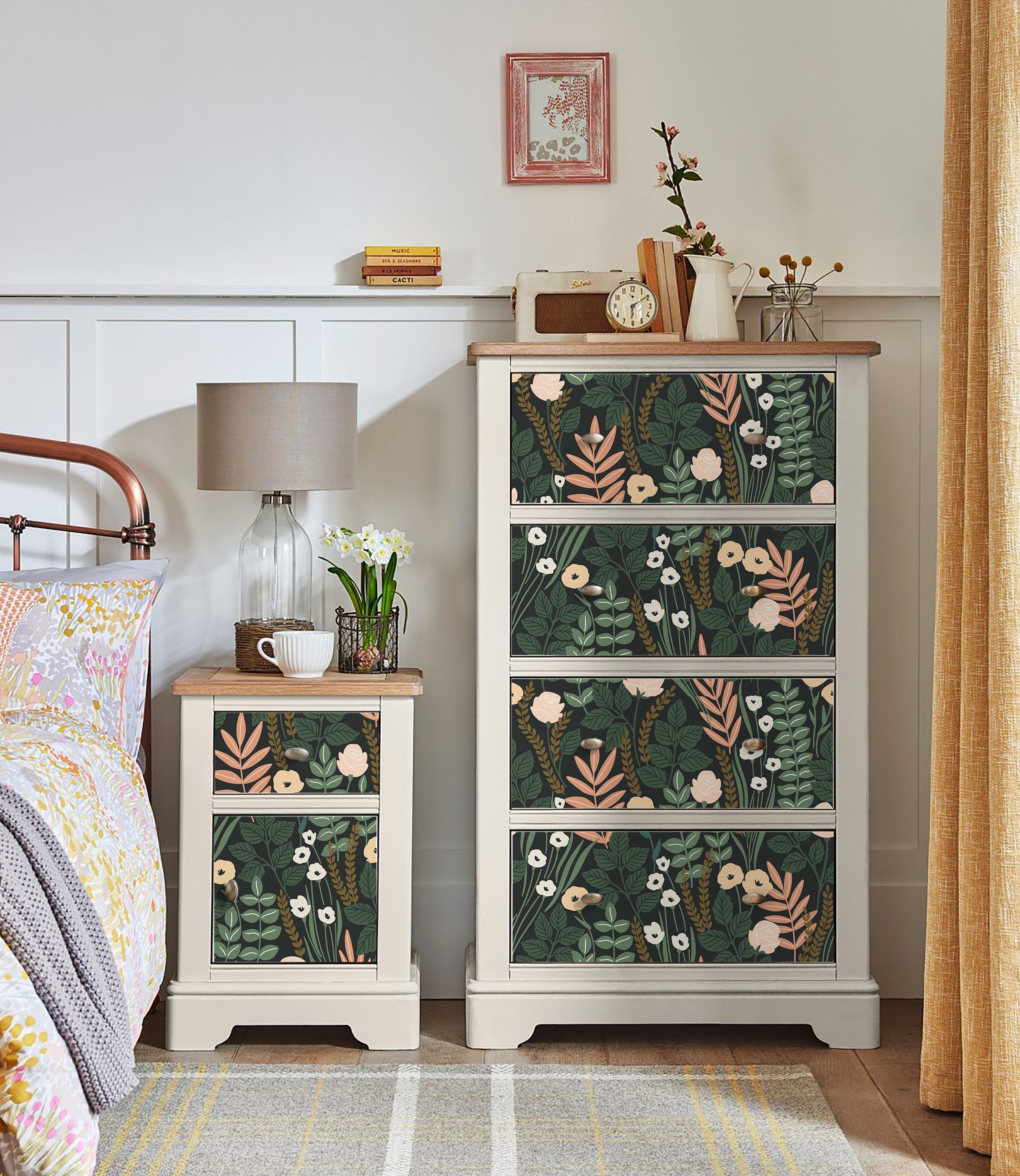 Floralplus Wallpaper Peel and Stick Dark Floral Botanical Green Beige Blush Vintage Garden Wall Decor Removable Mural for Bedroom Living Room Bathroom