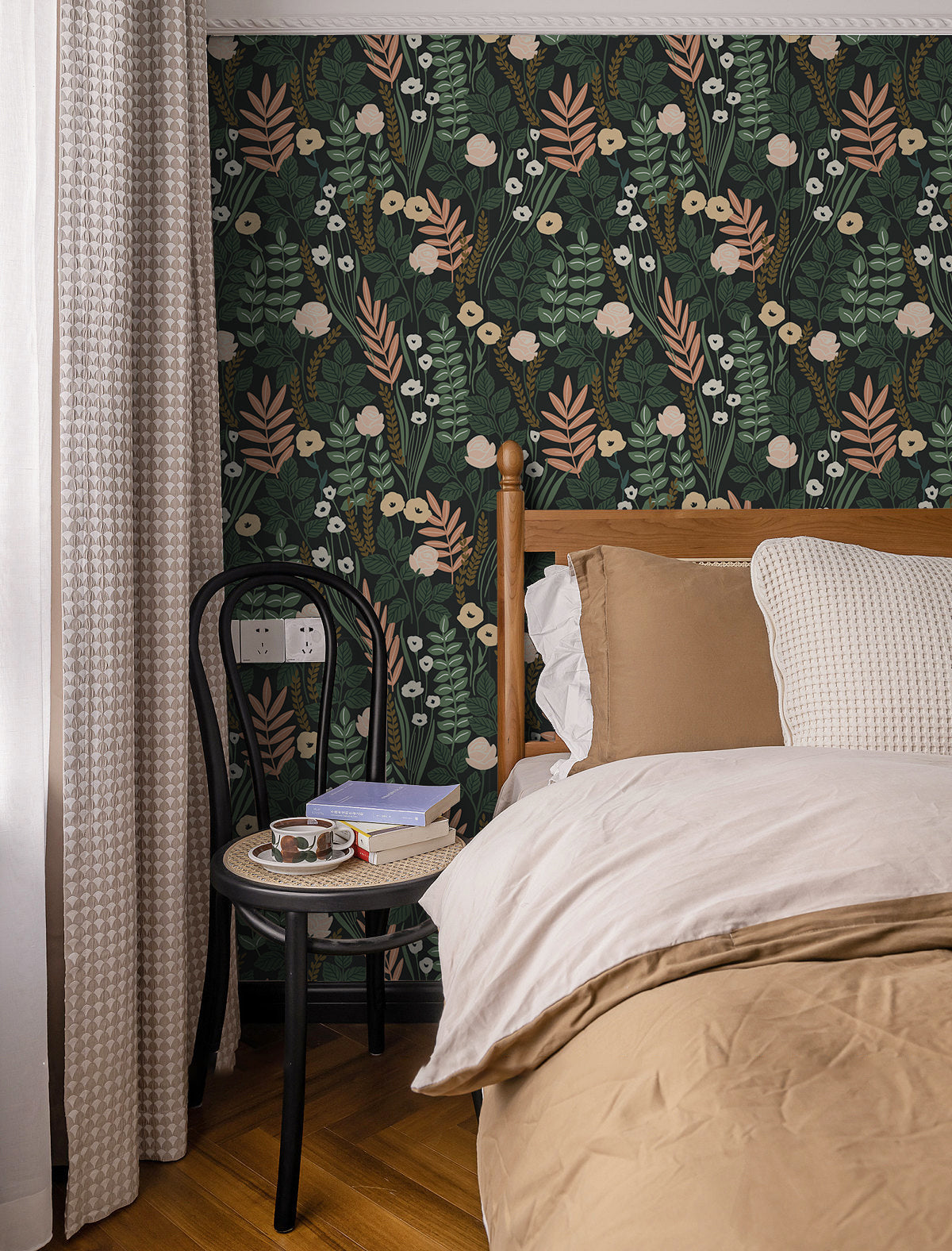 Floralplus Wallpaper Peel and Stick Dark Floral Botanical Green Beige Blush Vintage Garden Wall Decor Removable Mural for Bedroom Living Room Bathroom