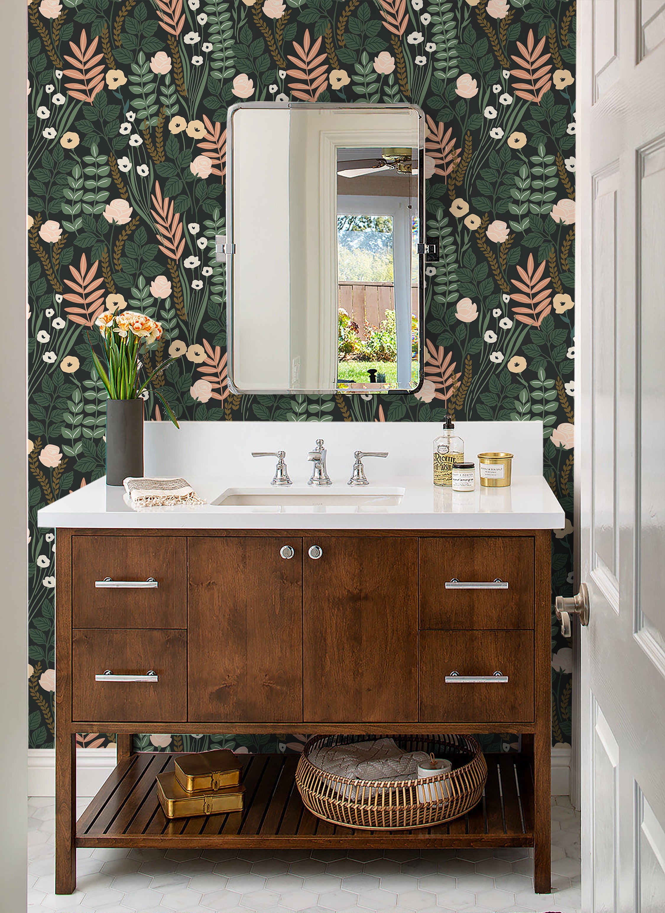 Floralplus Wallpaper Peel and Stick Dark Floral Botanical Green Beige Blush Vintage Garden Wall Decor Removable Mural for Bedroom Living Room Bathroom