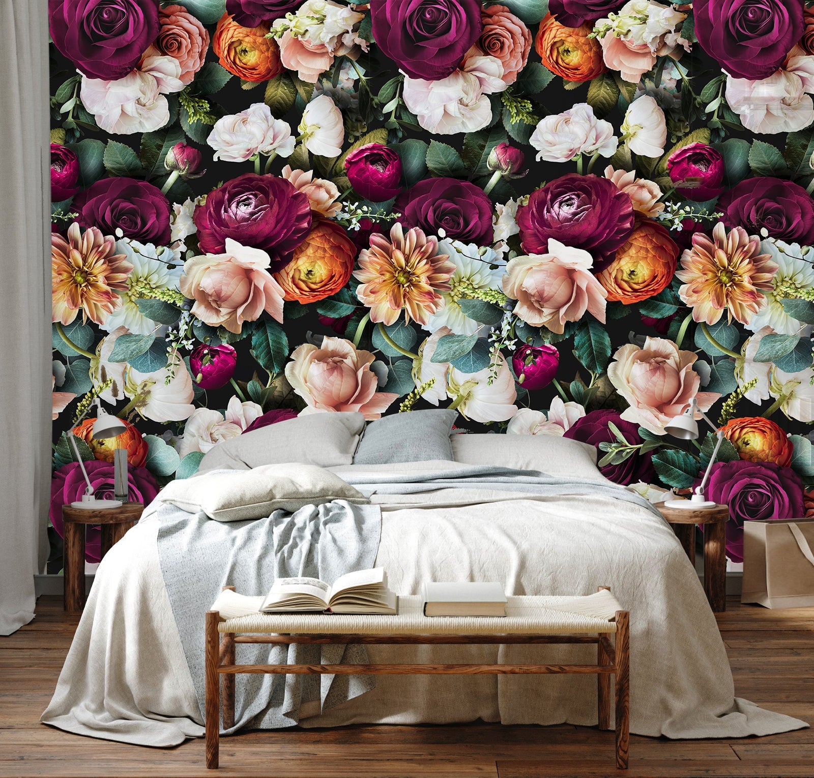 Floralplus Wallpaper Peel and Stick Dark Moody Floral Black Burgundy Blush Vintage Botanical Wall Decor Bathroom Bedroom Removable Mural