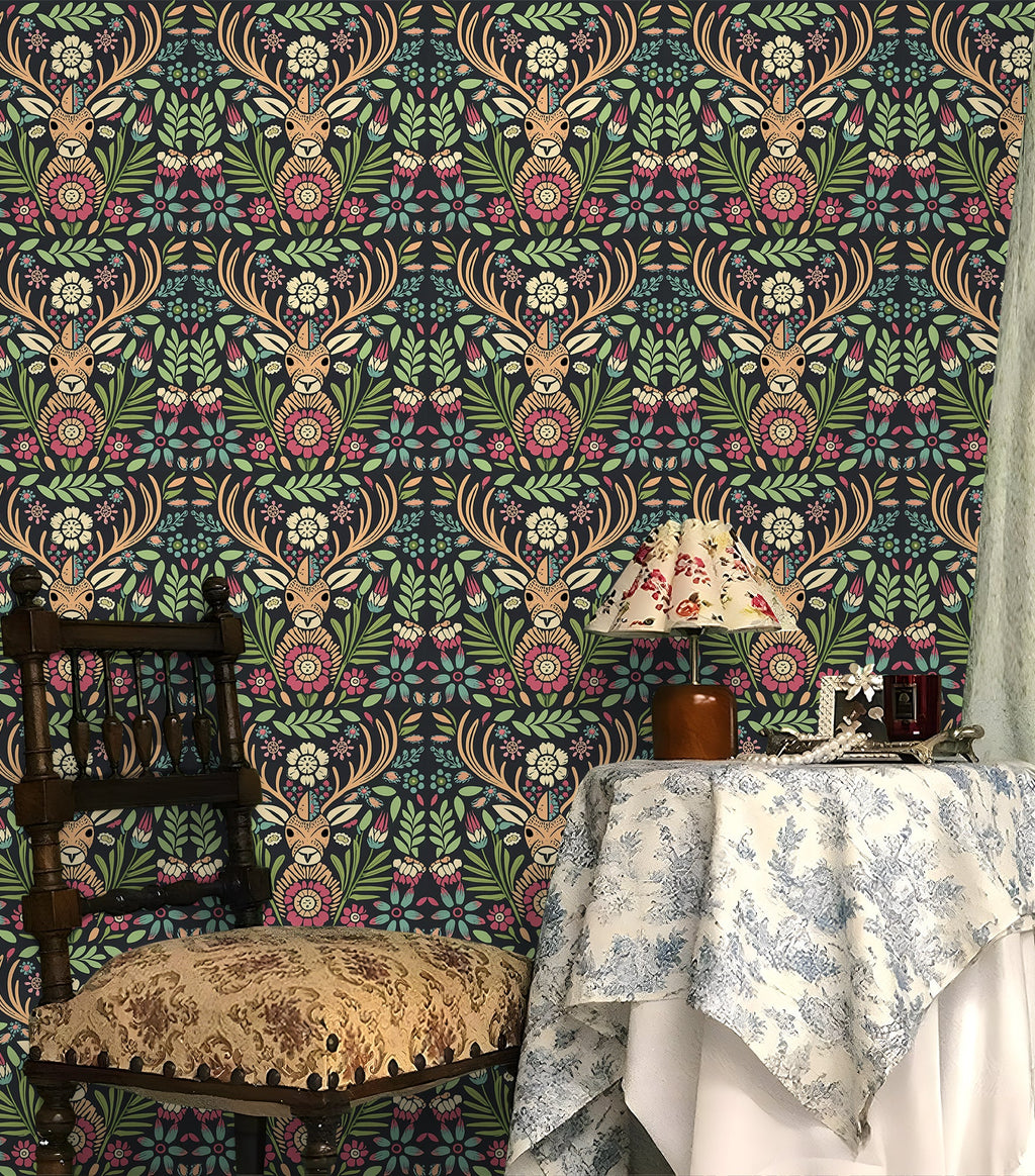 Floralplus Wallpaper Peel and Stick Deer Floral Boho Folk Art Dark Green Removable Wall Mural for Nursery Kids Room Bedroom