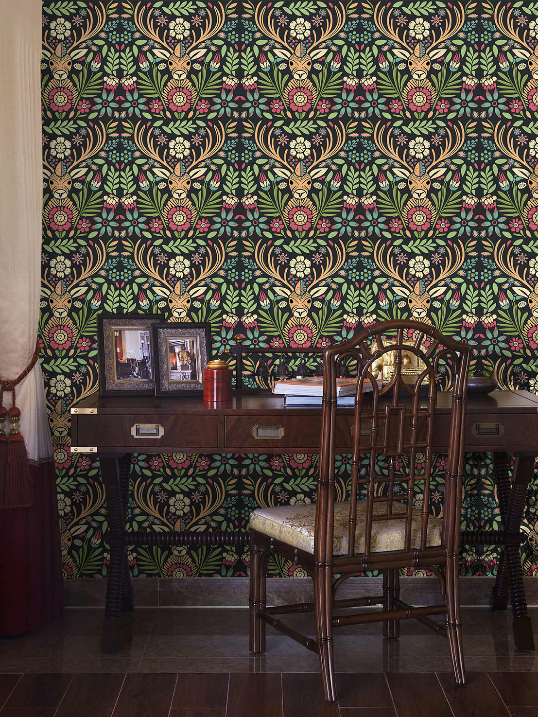 Floralplus Wallpaper Peel and Stick Deer Floral Boho Folk Art Dark Green Removable Wall Mural for Nursery Kids Room Bedroom