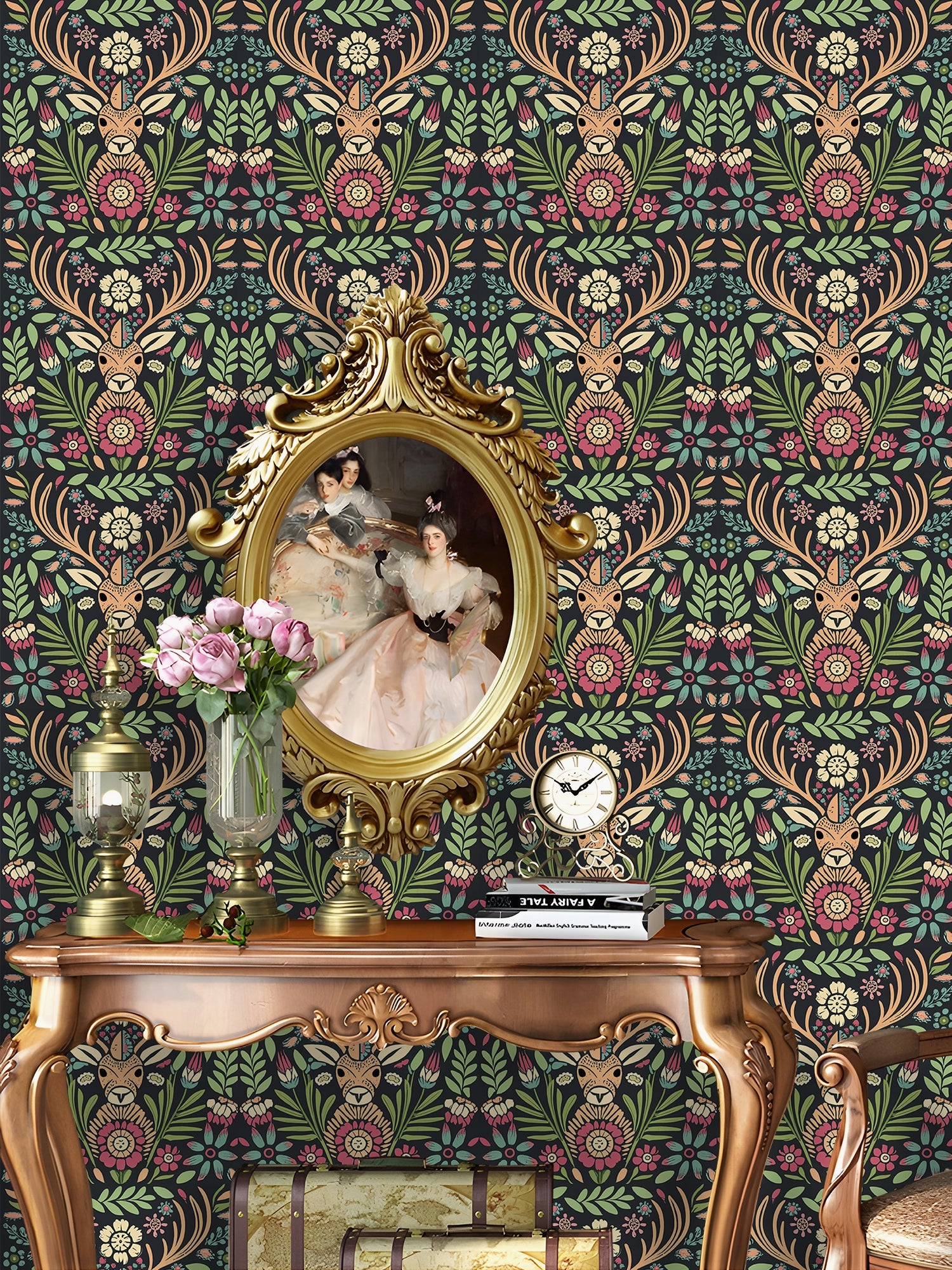 Floralplus Wallpaper Peel and Stick Deer Floral Boho Folk Art Dark Green Removable Wall Mural for Nursery Kids Room Bedroom