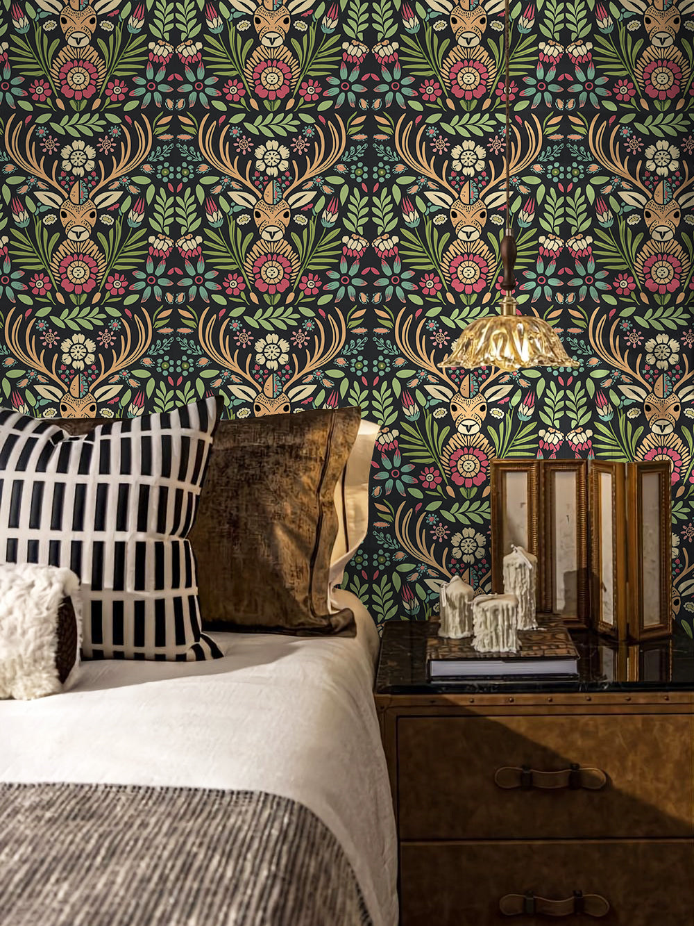 Floralplus Wallpaper Peel and Stick Deer Floral Boho Folk Art Dark Green Removable Wall Mural for Nursery Kids Room Bedroom