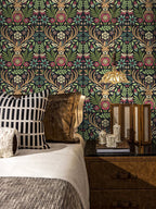 Floralplus Wallpaper Peel and Stick Deer Floral Boho Folk Art Dark Green Removable Wall Mural for Nursery Kids Room Bedroom