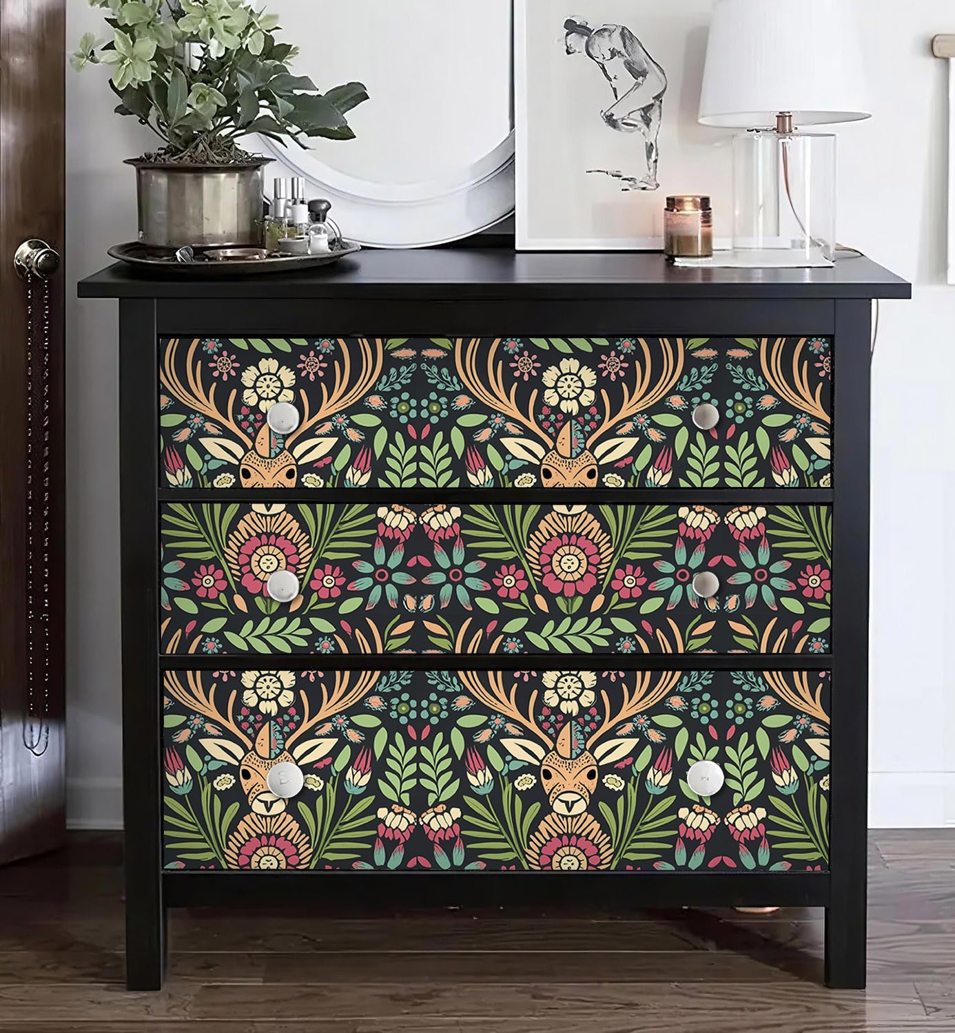 Floralplus Wallpaper Peel and Stick Deer Floral Boho Folk Art Dark Green Removable Wall Mural for Nursery Kids Room Bedroom