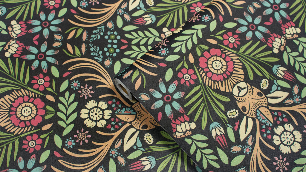 Floralplus Wallpaper Peel and Stick Deer Floral Boho Folk Art Dark Green Removable Wall Mural for Nursery Kids Room Bedroom