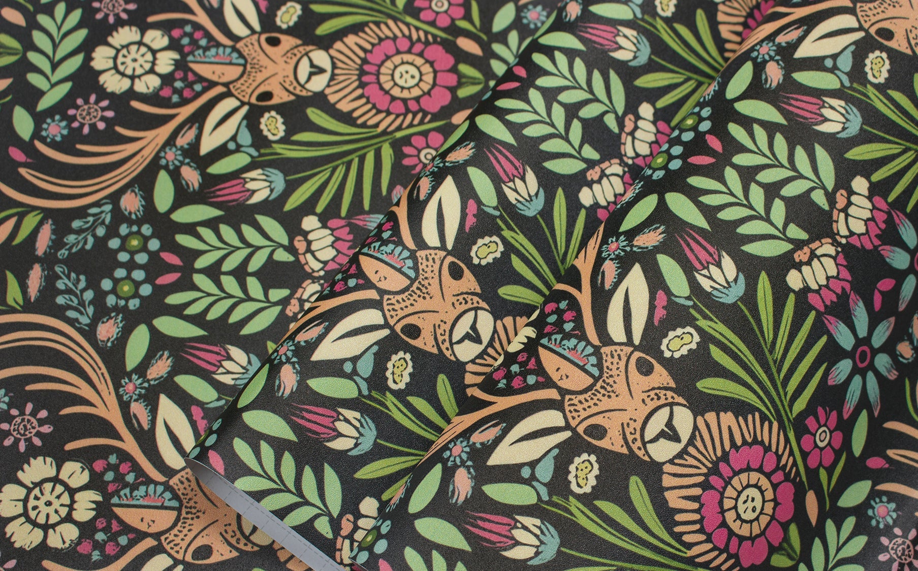 Floralplus Wallpaper Peel and Stick Deer Floral Boho Folk Art Dark Green Removable Wall Mural for Nursery Kids Room Bedroom