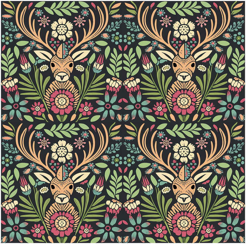 Floralplus Wallpaper Peel and Stick Deer Floral Boho Folk Art Dark Green Removable Wall Mural for Nursery Kids Room Bedroom