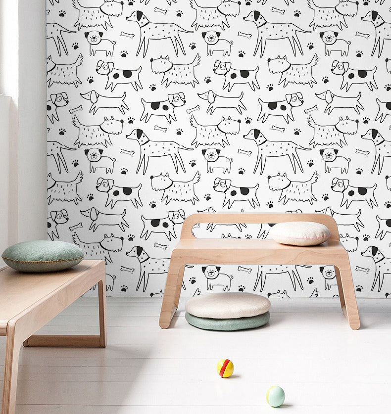 Floralplus Wallpaper Peel and Stick Dog Kids Room Black White Cartoon Puppy Paw Print Nursery Playroom Bathroom Removable Self Adhesive Pet Lover Wall Mural