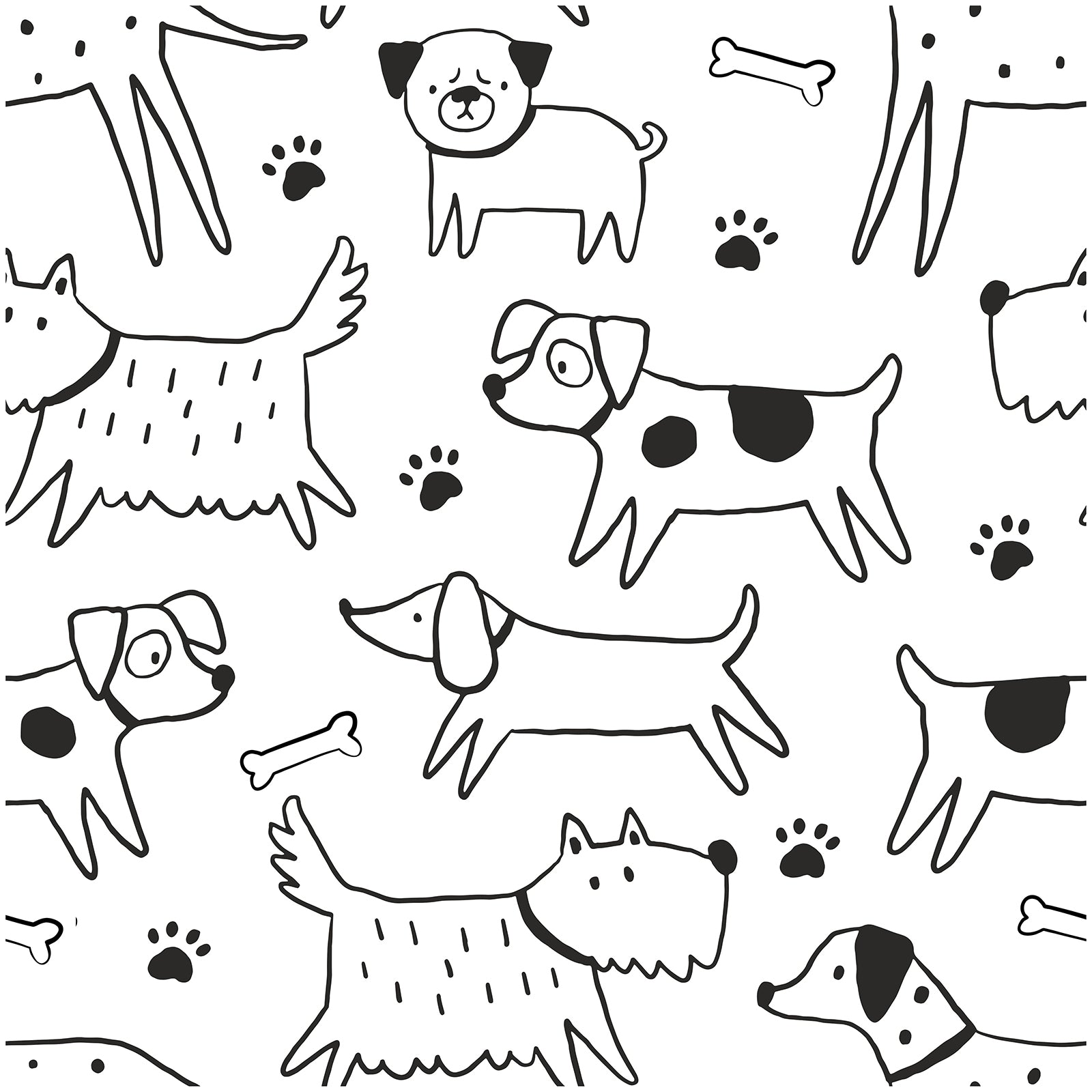 Floralplus Wallpaper Peel and Stick Dog Kids Room Black White Cartoon Puppy Paw Print Nursery Playroom Bathroom Removable Self Adhesive Pet Lover Wall Mural