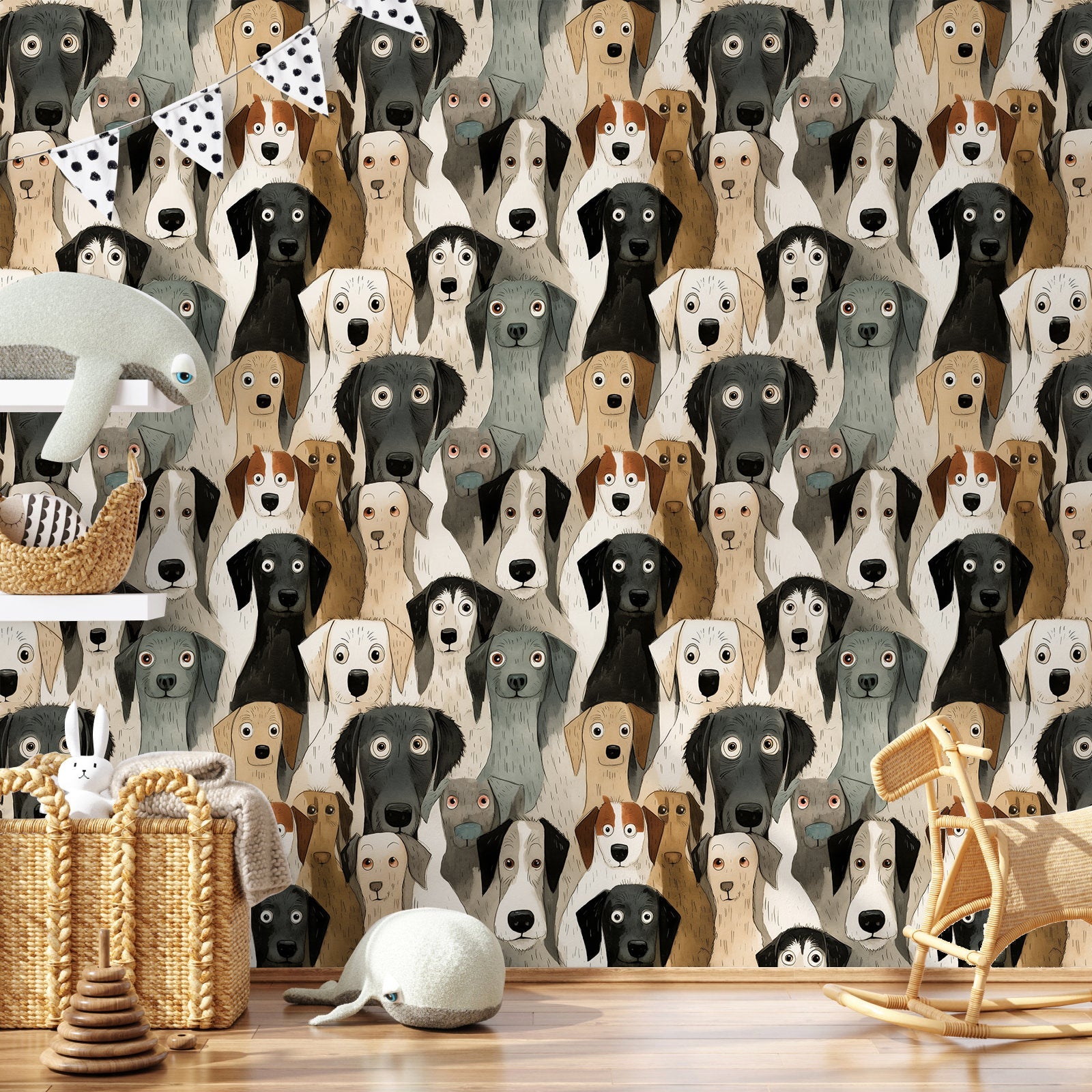 Floralplus Wallpaper Peel and Stick Dog Pattern Kids Puppy Cartoon Pet Lover Neutral Removable Wall Mural Nursery Playroom Bedroom Decor