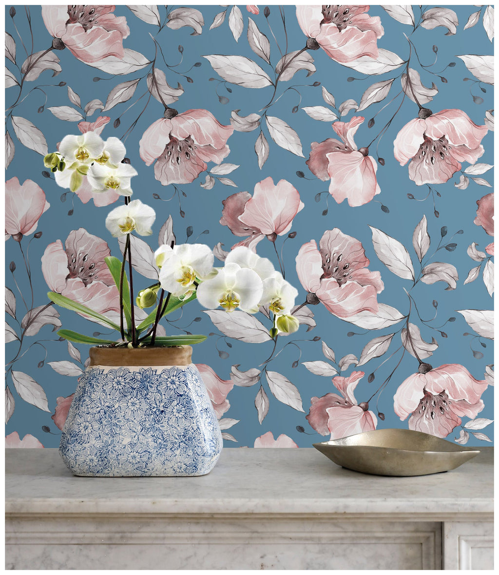 Floralplus Wallpaper Peel and Stick Dusty Blue Blush Floral Watercolor Vintage Flower Wall Mural Removable Wall Decor for Bedroom Living Room Bathroom Nursery