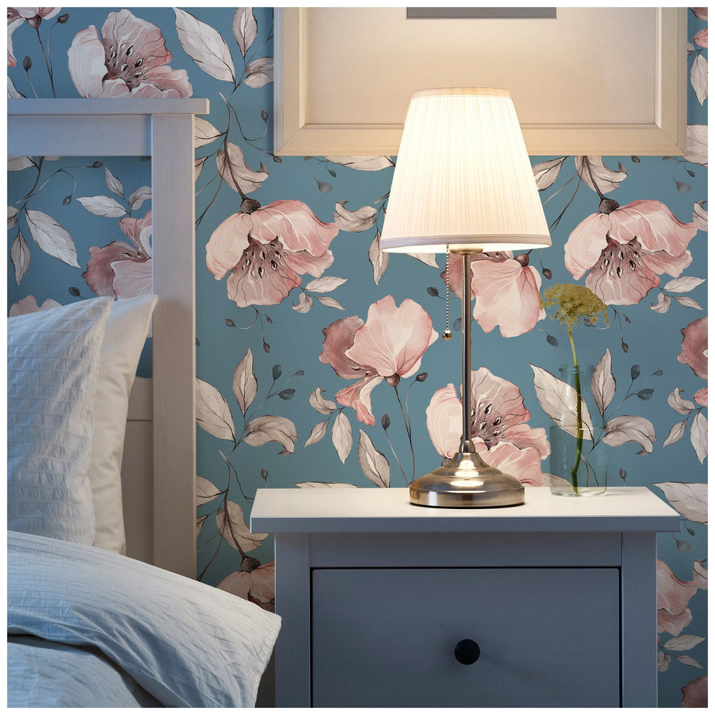 Floralplus Wallpaper Peel and Stick Dusty Blue Blush Floral Watercolor Vintage Flower Wall Mural Removable Wall Decor for Bedroom Living Room Bathroom Nursery