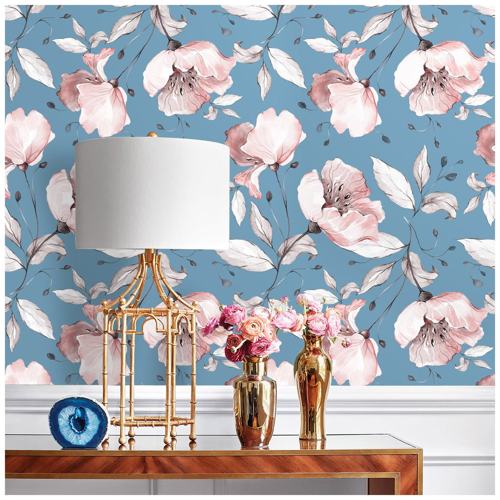 Floralplus Wallpaper Peel and Stick Dusty Blue Blush Floral Watercolor Vintage Flower Wall Mural Removable Wall Decor for Bedroom Living Room Bathroom Nursery