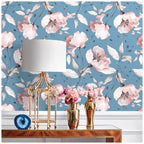 Floralplus Wallpaper Peel and Stick Dusty Blue Blush Floral Watercolor Vintage Flower Wall Mural Removable Wall Decor for Bedroom Living Room Bathroom Nursery