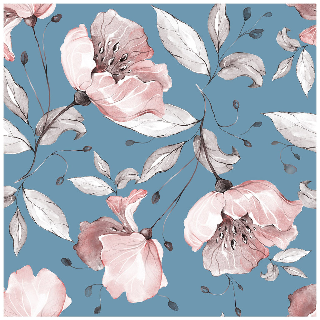 Floralplus Wallpaper Peel and Stick Dusty Blue Blush Floral Watercolor Vintage Flower Wall Mural Removable Wall Decor for Bedroom Living Room Bathroom Nursery