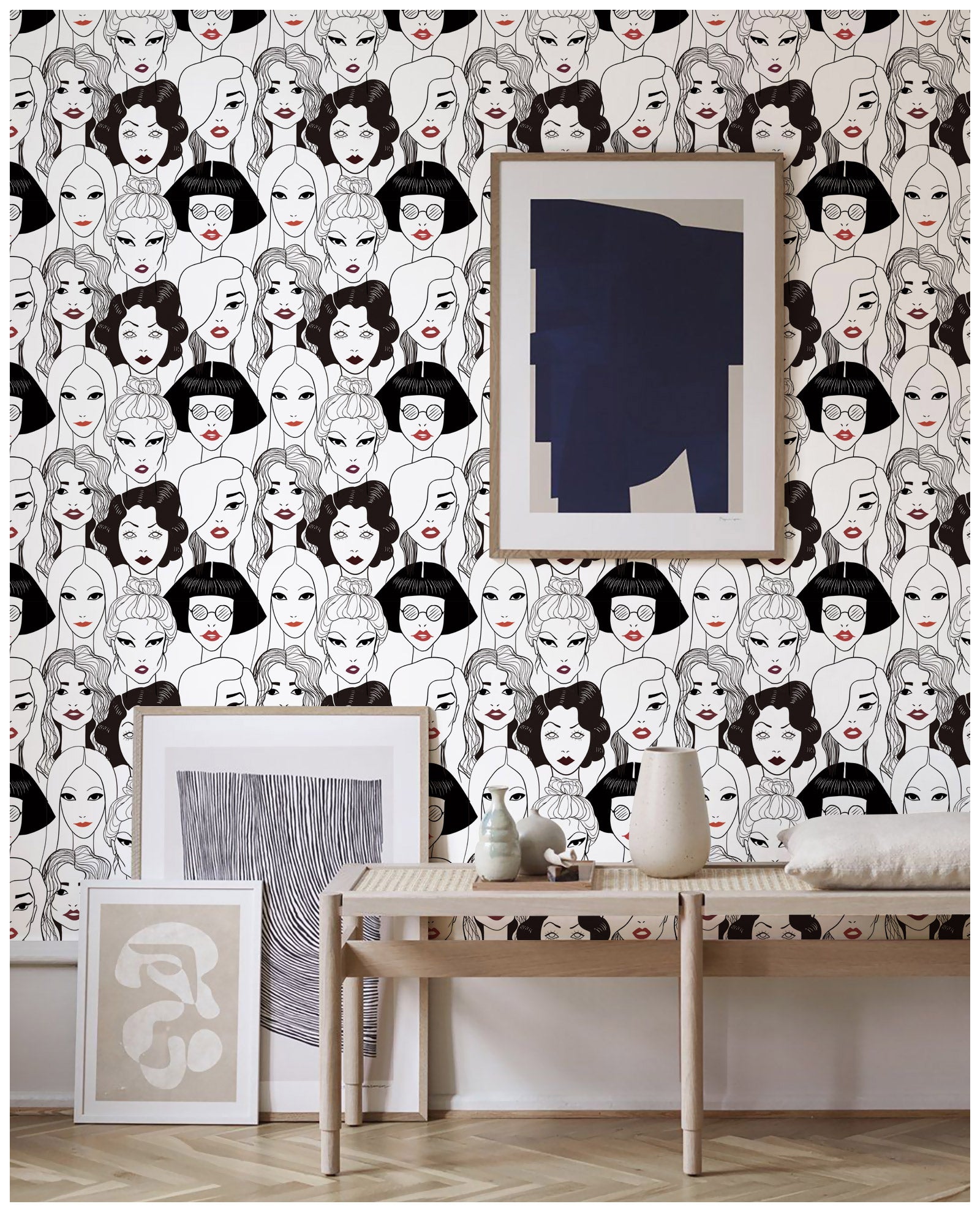 Floralplus Wallpaper Peel and Stick Fashion Girls Line Art Black White Red Lips Wall Decor Beauty Salon Bedroom Dressing Room Removable Mural