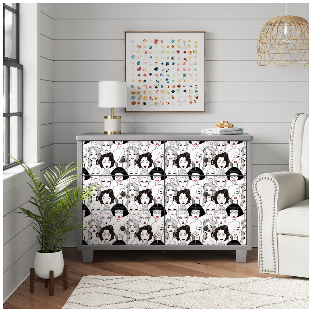 Floralplus Wallpaper Peel and Stick Fashion Girls Line Art Black White Red Lips Wall Decor Beauty Salon Bedroom Dressing Room Removable Mural