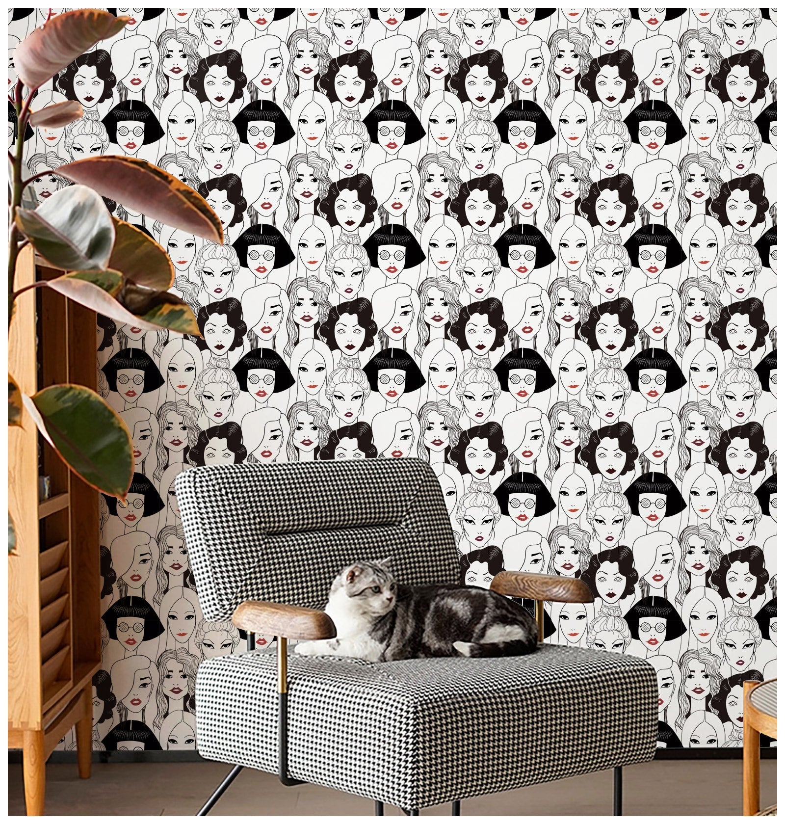 Floralplus Wallpaper Peel and Stick Fashion Girls Line Art Black White Red Lips Wall Decor Beauty Salon Bedroom Dressing Room Removable Mural
