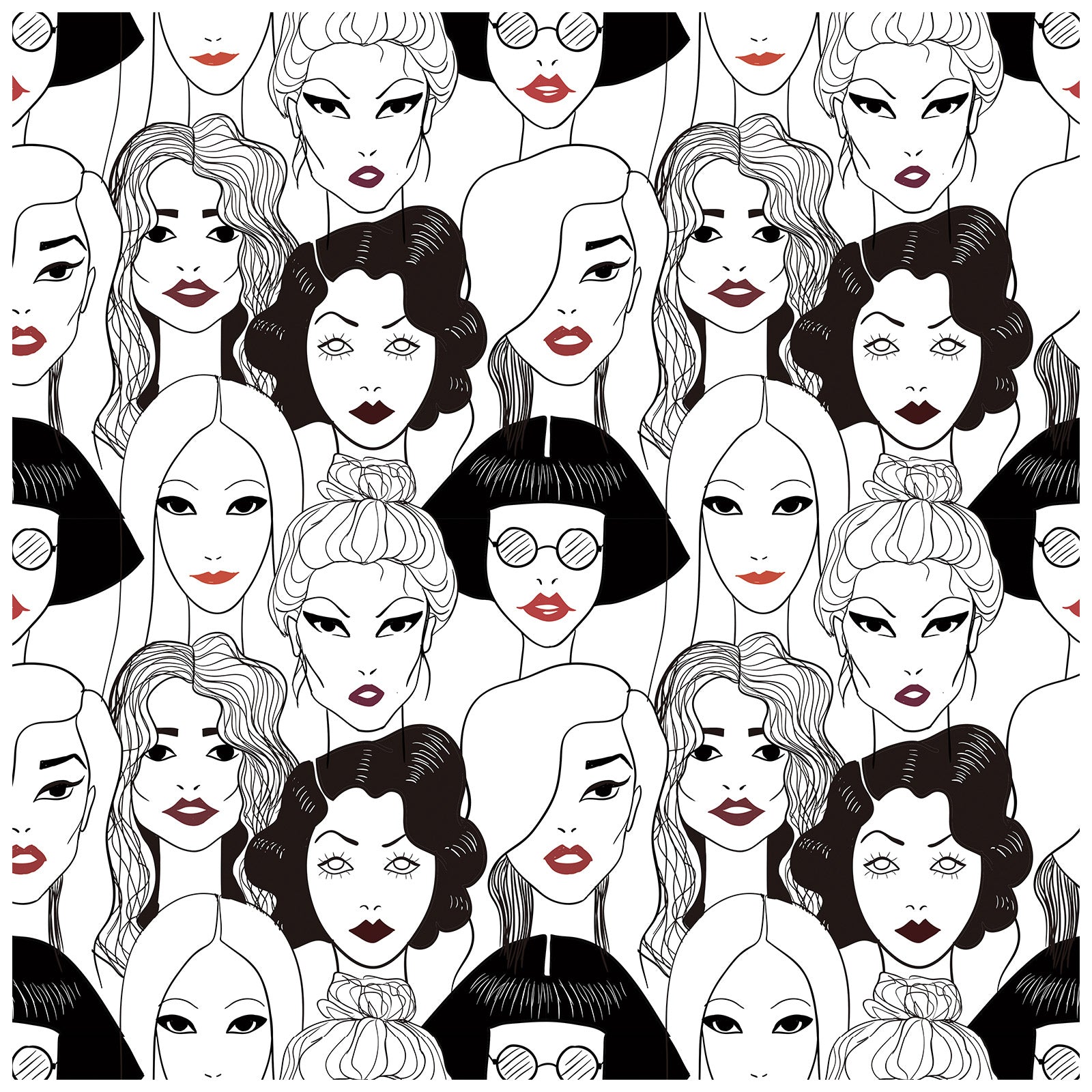 Floralplus Wallpaper Peel and Stick Fashion Girls Line Art Black White Red Lips Wall Decor Beauty Salon Bedroom Dressing Room Removable Mural