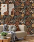Floralplus Wallpaper Peel and Stick Floral Boho Dark Brown Green Retro Wall Decor Living Room Bedroom Removable Mural