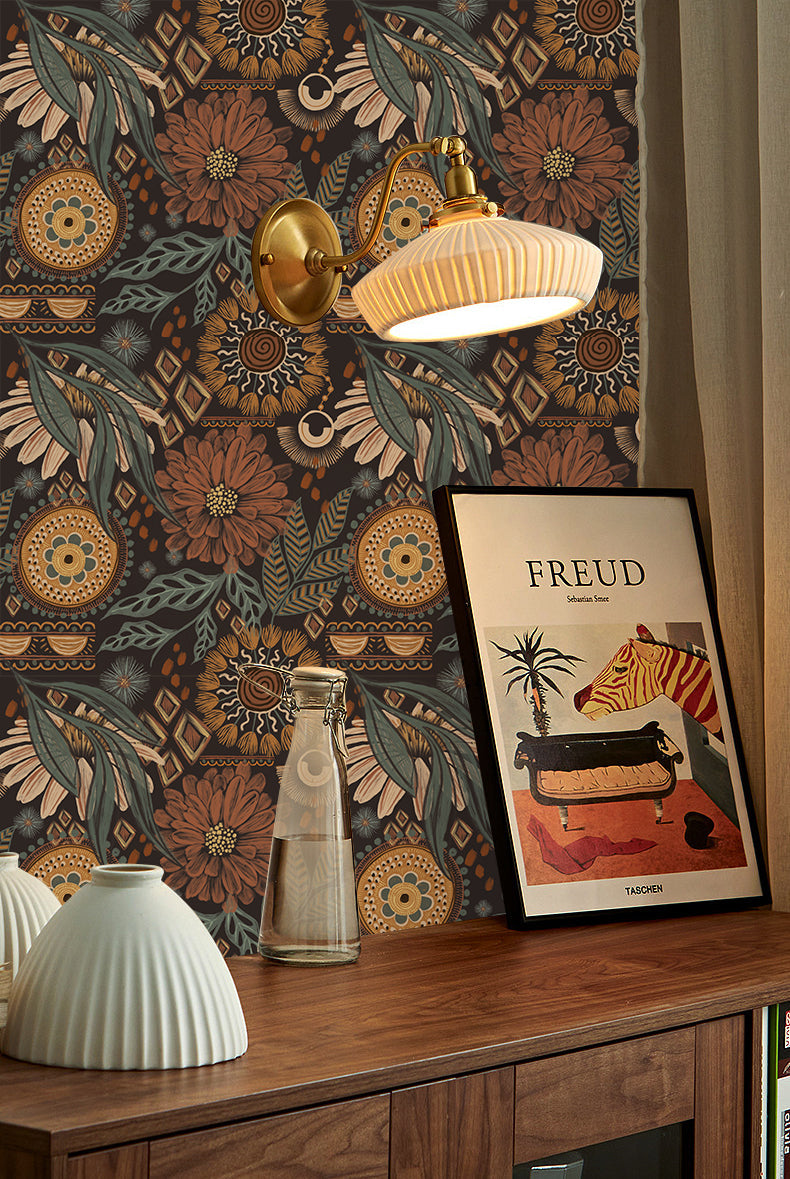 Floralplus Wallpaper Peel and Stick Floral Boho Dark Brown Green Retro Wall Decor Living Room Bedroom Removable Mural