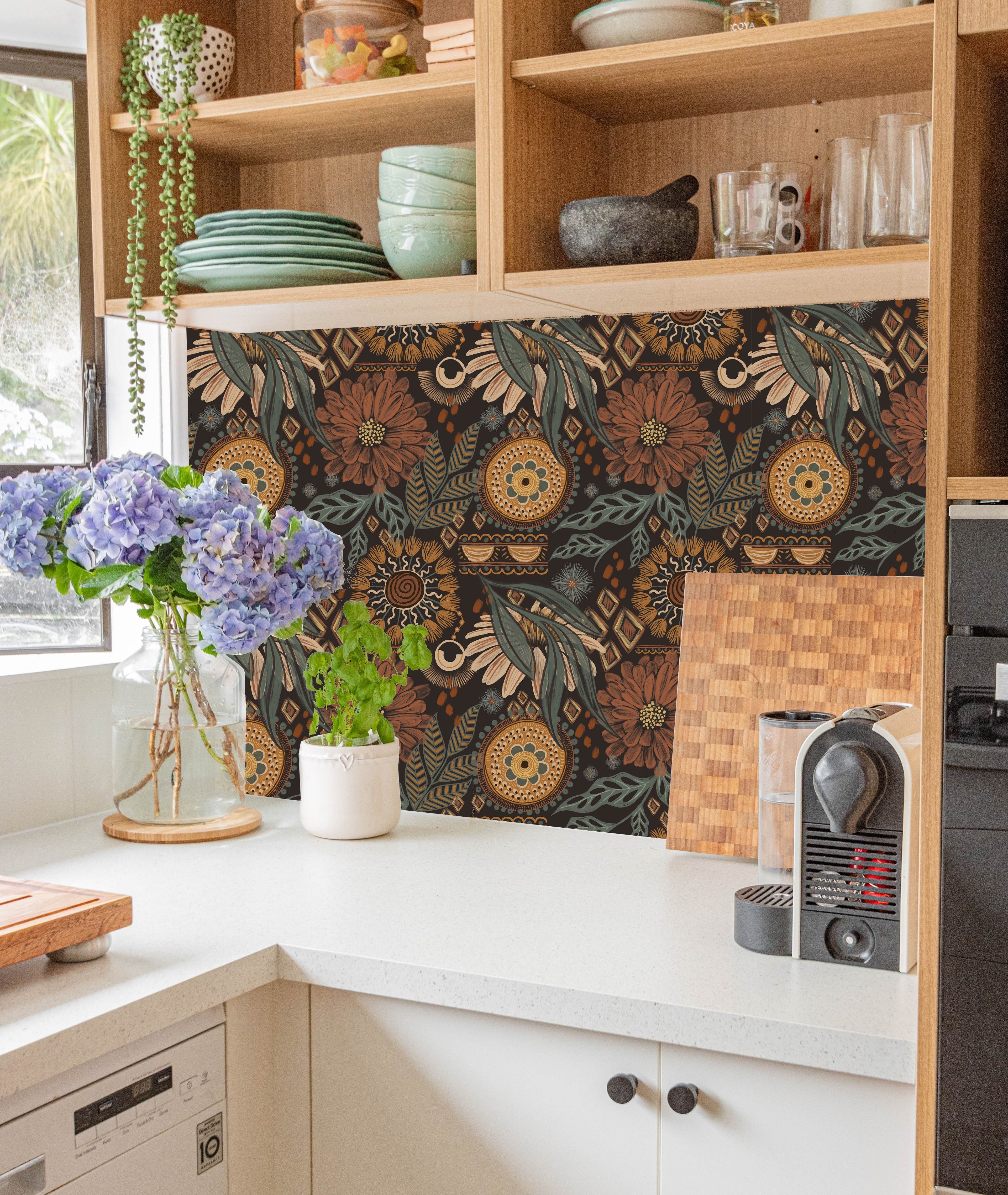 Floralplus Wallpaper Peel and Stick Floral Boho Dark Brown Green Retro Wall Decor Living Room Bedroom Removable Mural