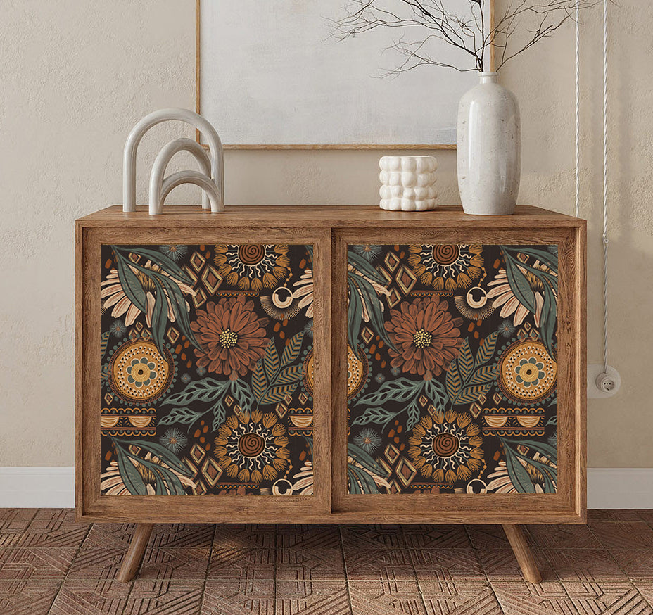 Floralplus Wallpaper Peel and Stick Floral Boho Dark Brown Green Retro Wall Decor Living Room Bedroom Removable Mural