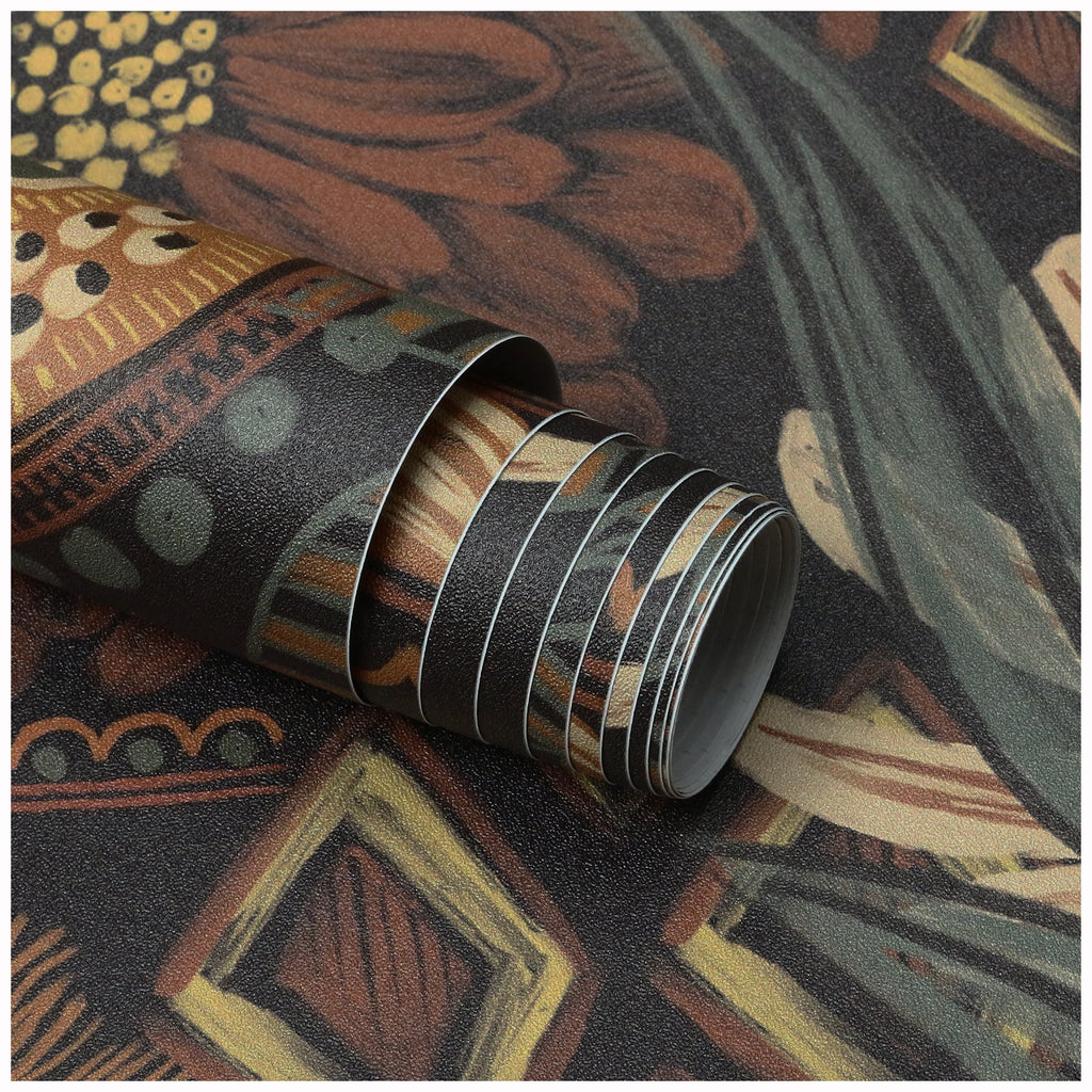 Floralplus Wallpaper Peel and Stick Floral Boho Dark Brown Green Retro Wall Decor Living Room Bedroom Removable Mural