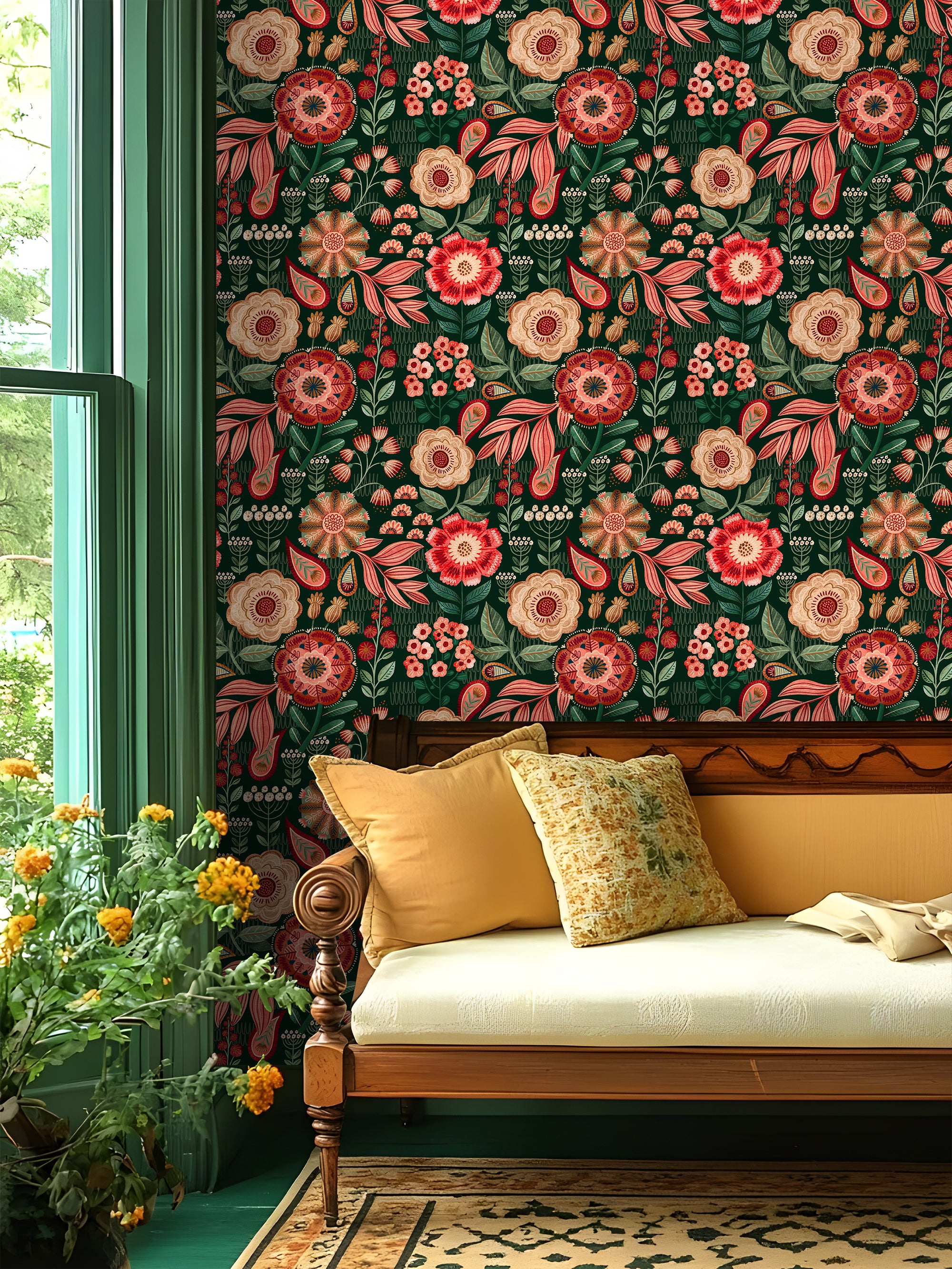 Floralplus Wallpaper Peel and Stick Floral Boho Dark Green Red Retro Wall Decor Living Room Bedroom Removable Mural