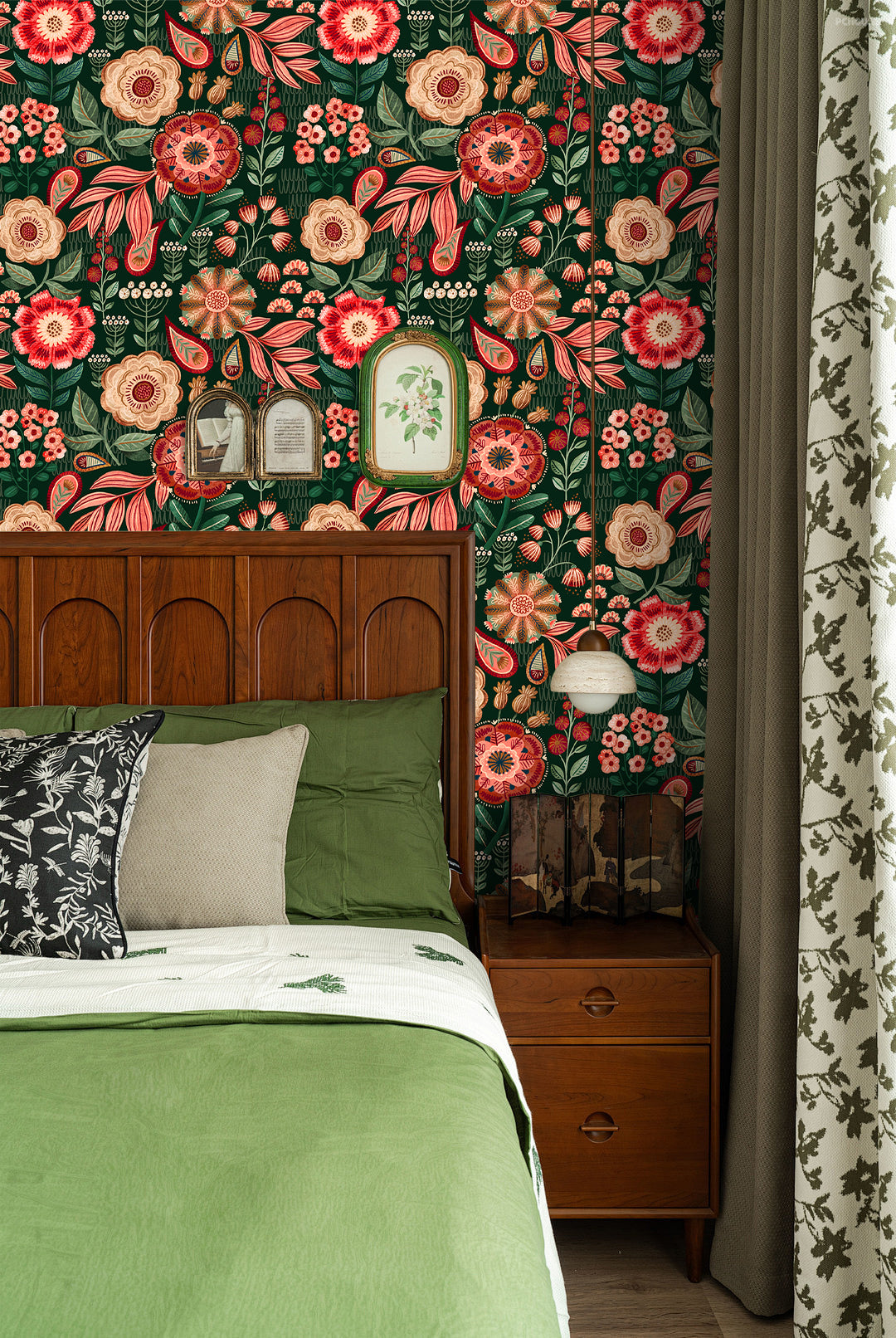 Floralplus Wallpaper Peel and Stick Floral Boho Dark Green Red Retro Wall Decor Living Room Bedroom Removable Mural