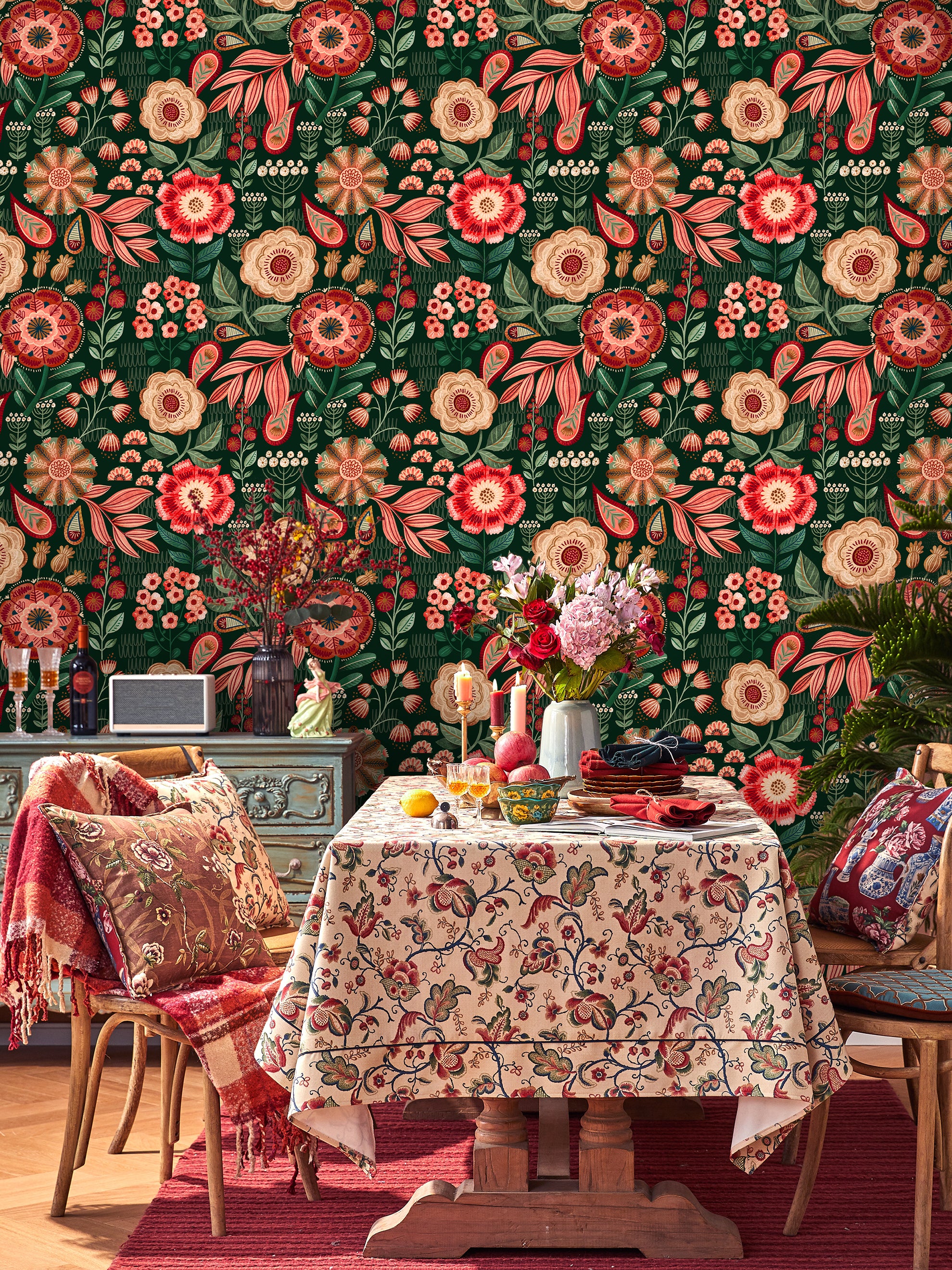 Floralplus Wallpaper Peel and Stick Floral Boho Dark Green Red Retro Wall Decor Living Room Bedroom Removable Mural