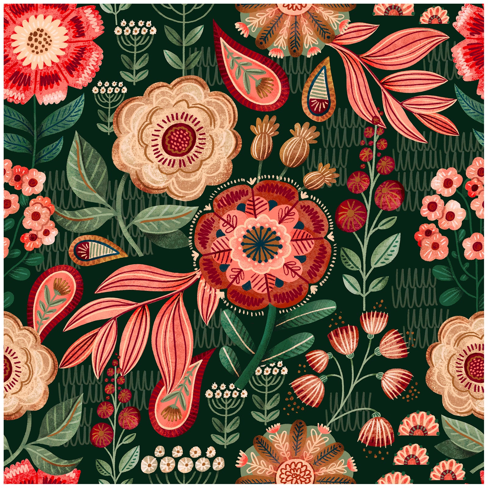 Floralplus Wallpaper Peel and Stick Floral Boho Dark Green Red Retro Wall Decor Living Room Bedroom Removable Mural