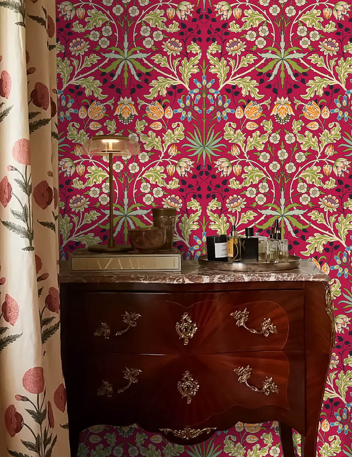 Floralplus Wallpaper Peel and Stick Floral Boho Red Green Vintage Wall Decor Living Room Bedroom Removable Mural