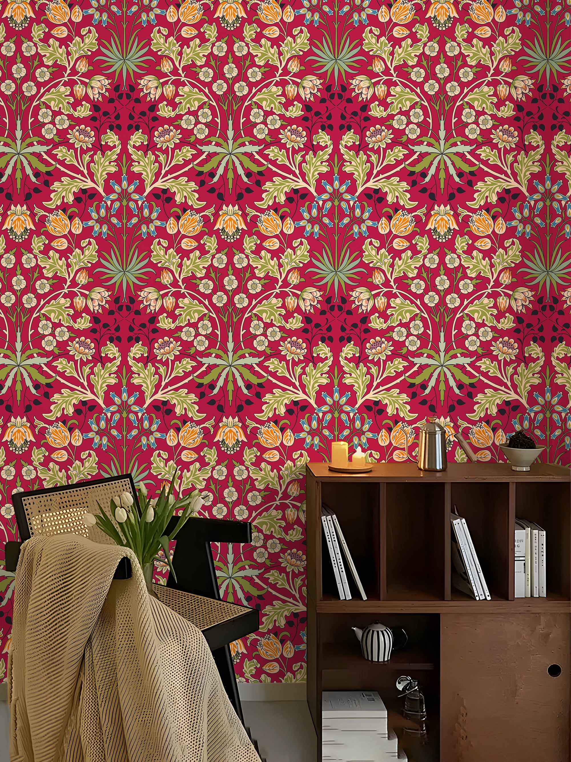 Floralplus Wallpaper Peel and Stick Floral Boho Red Green Vintage Wall Decor Living Room Bedroom Removable Mural