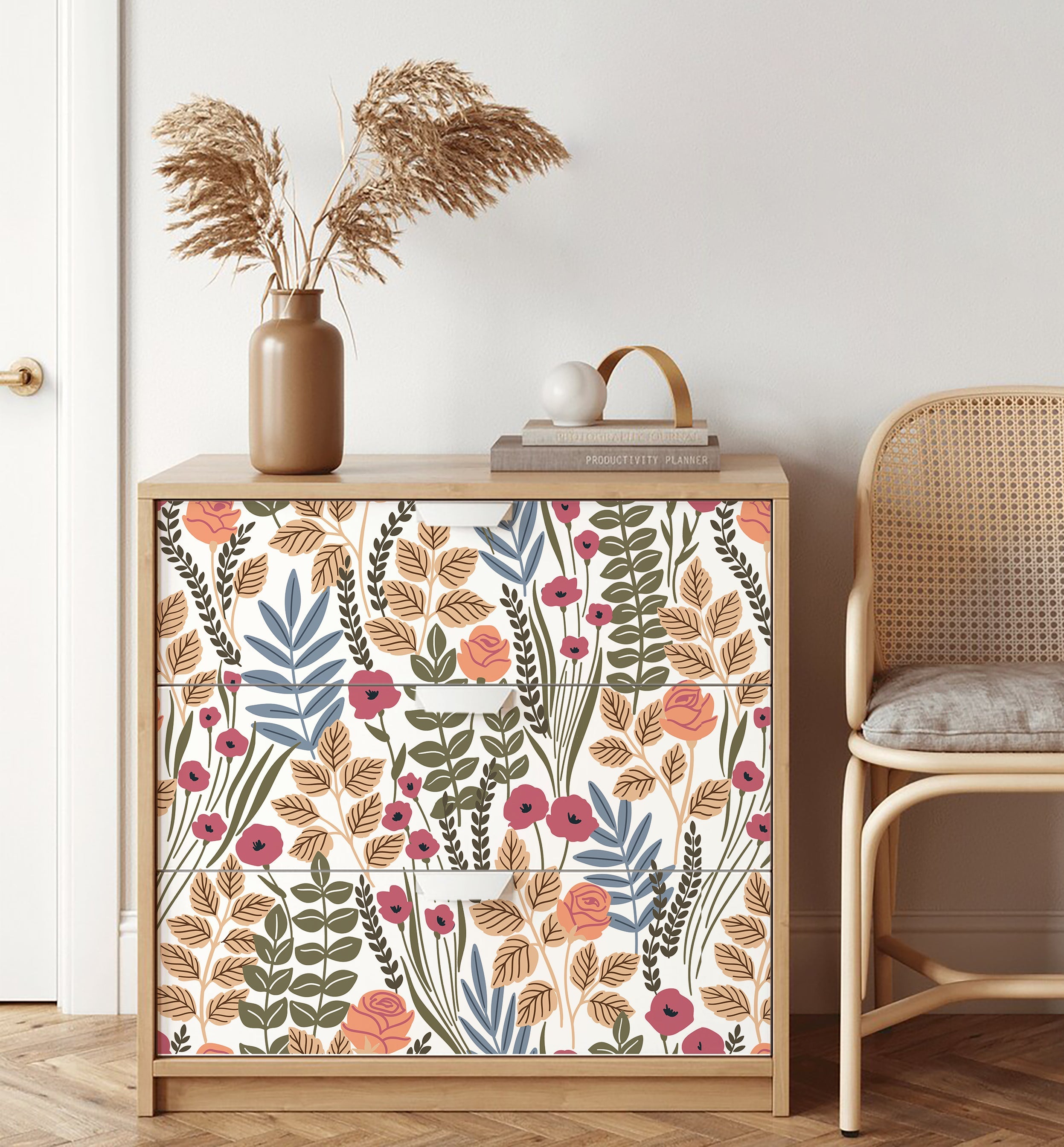 Floralplus Wallpaper Peel and Stick Floral Rose Botanical Beige Green Blue Vintage Garden Wall Decor Removable Wall Mural for Bedroom Bathroom Living Room Nursery