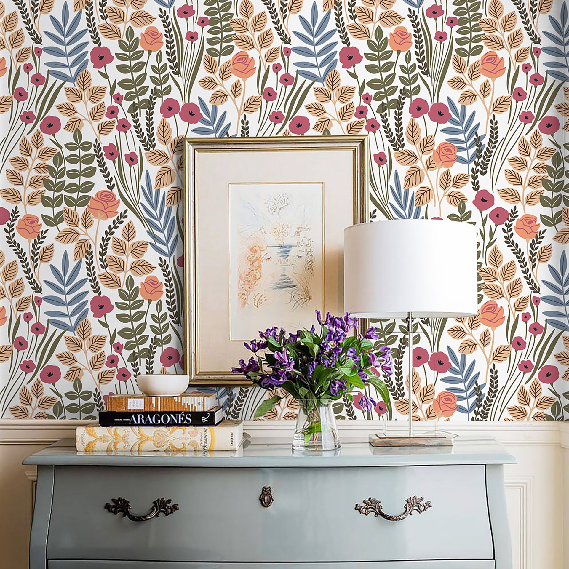 Floralplus Wallpaper Peel and Stick Floral Rose Botanical Beige Green Blue Vintage Garden Wall Decor Removable Wall Mural for Bedroom Bathroom Living Room Nursery