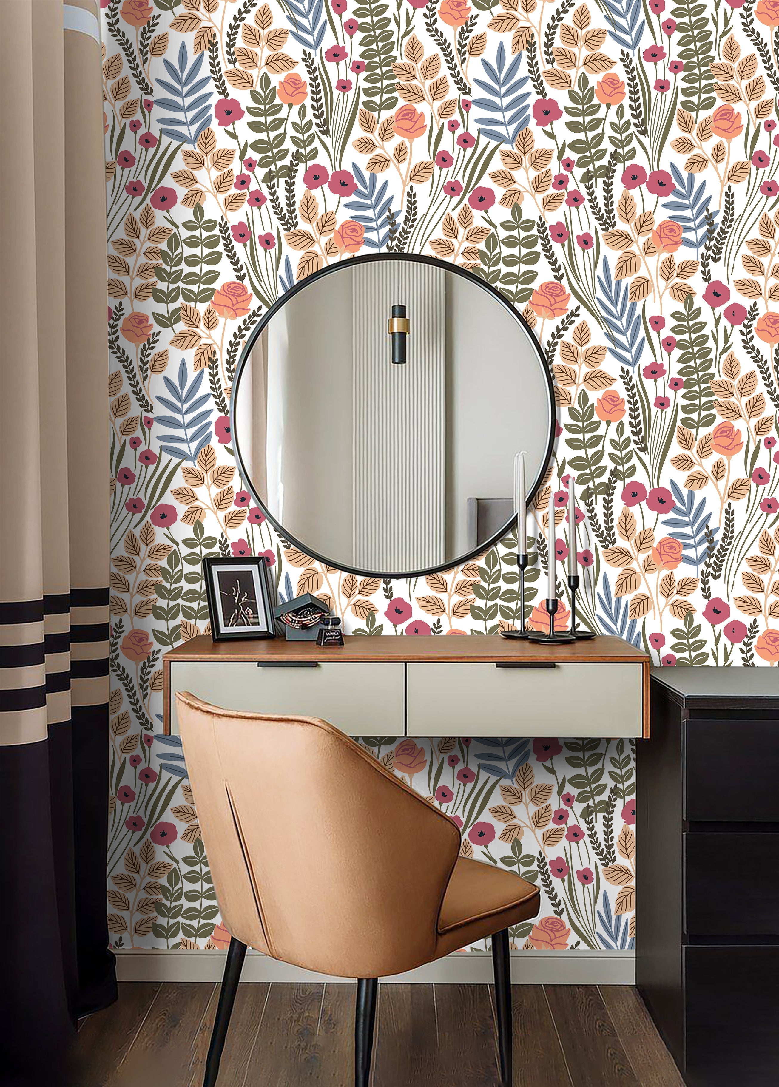 Floralplus Wallpaper Peel and Stick Floral Rose Botanical Beige Green Blue Vintage Garden Wall Decor Removable Wall Mural for Bedroom Bathroom Living Room Nursery