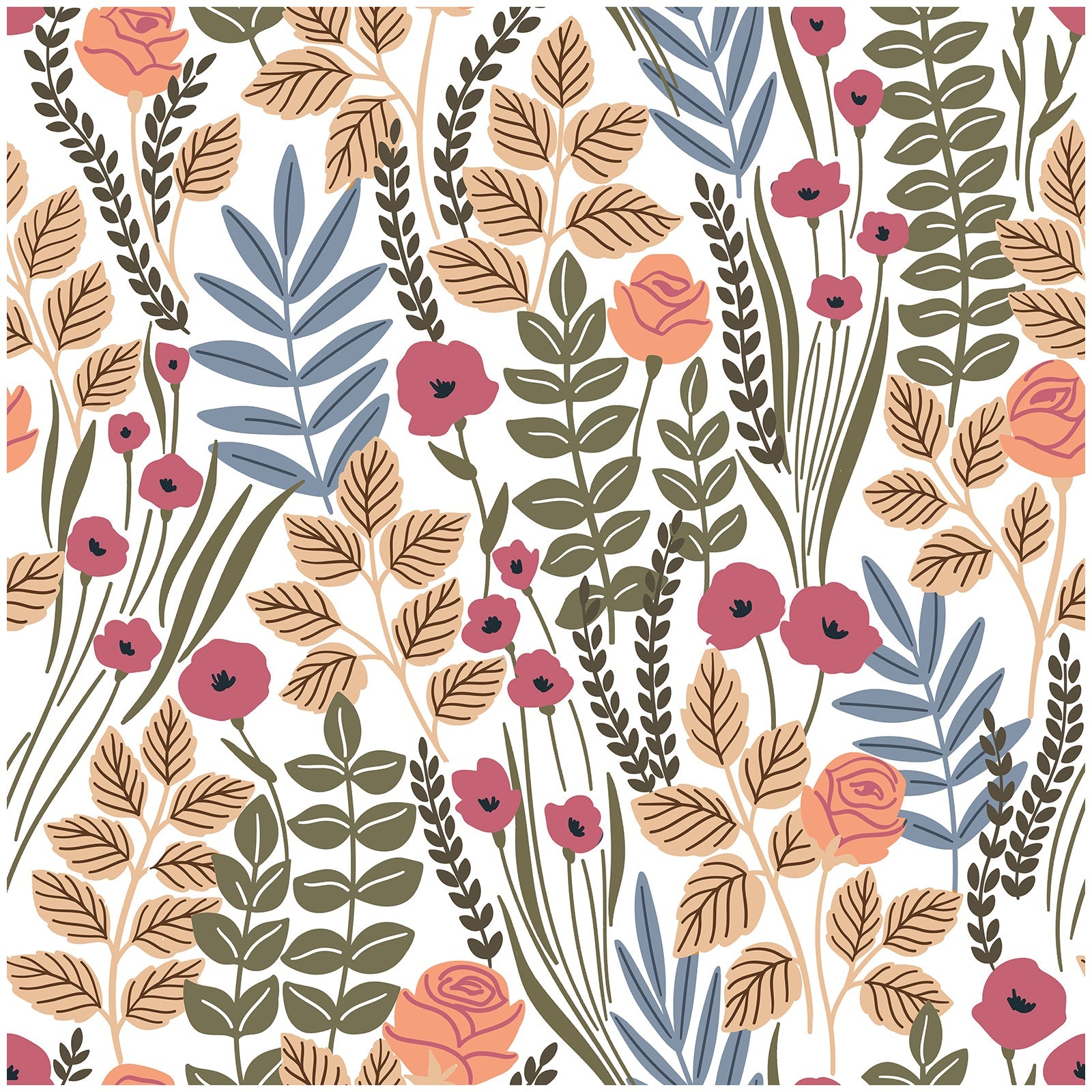 Floralplus Wallpaper Peel and Stick Floral Rose Botanical Beige Green Blue Vintage Garden Wall Decor Removable Wall Mural for Bedroom Bathroom Living Room Nursery