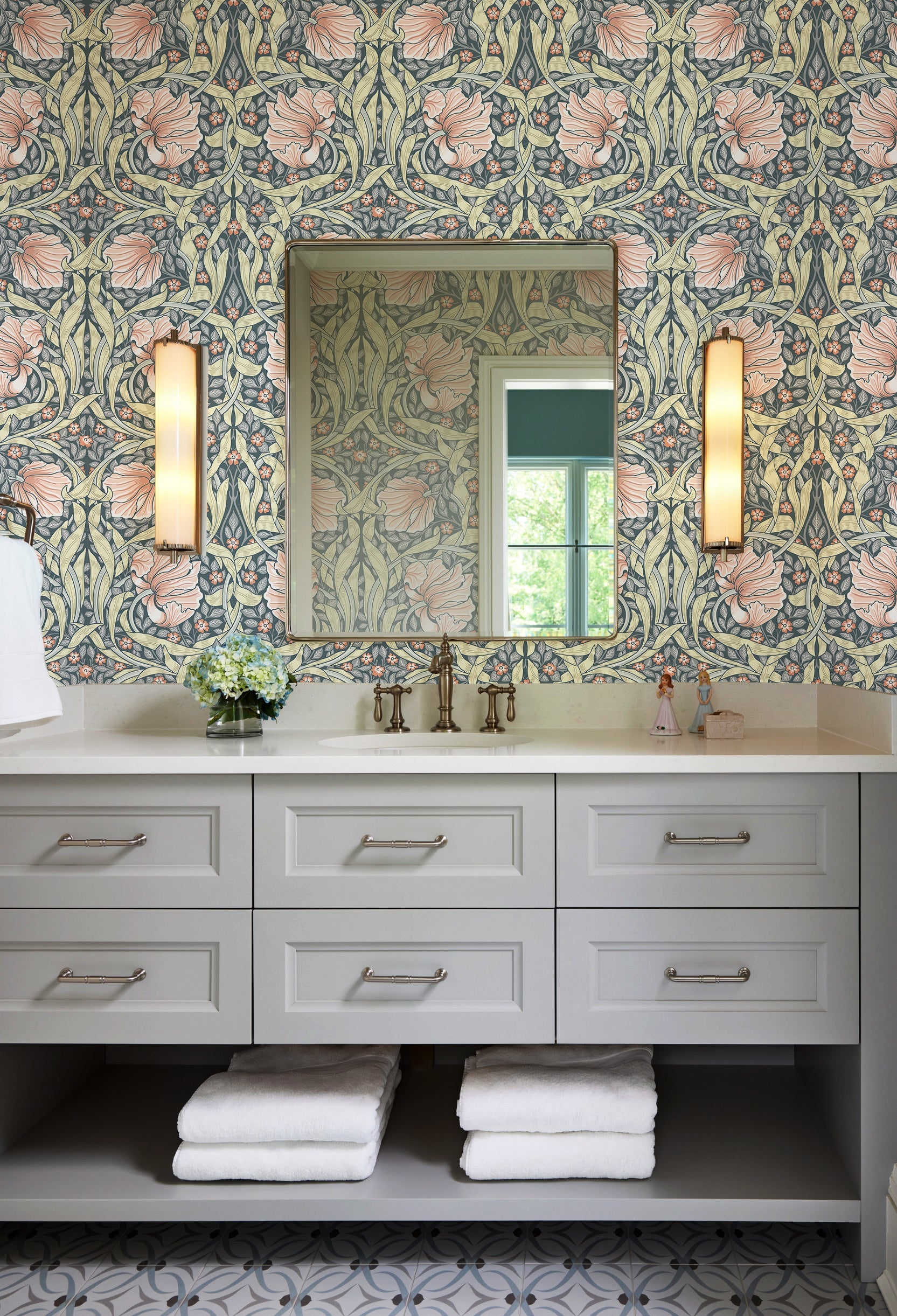 Floralplus Wallpaper Peel and Stick Floral Vintage Boho Grey Sage Green Blush Art Nouveau Botanical Wall Decor Bedroom Bathroom Removable Mural
